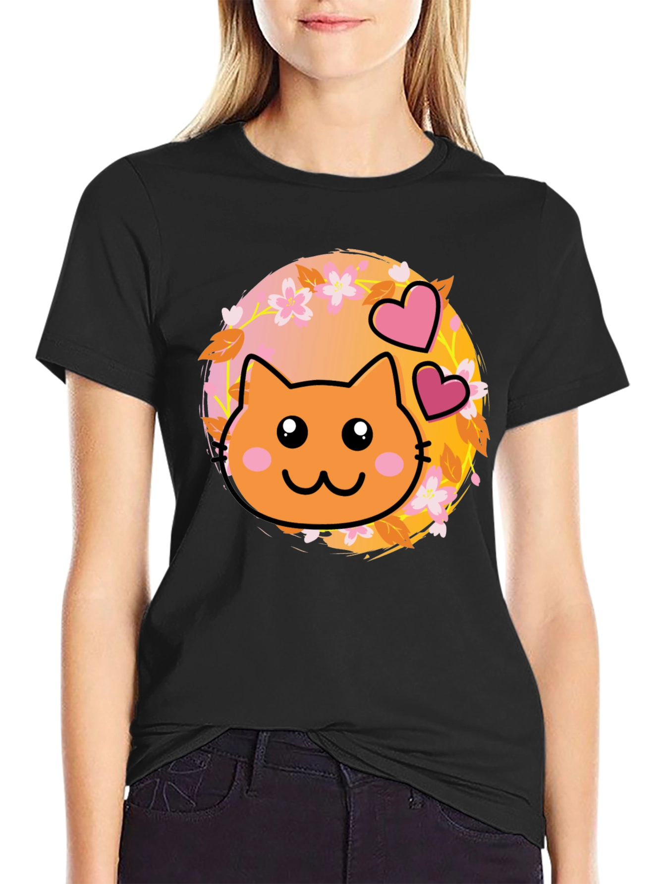 Black Cute Kawaii Cat T-Shirt - Sweet Kitten Design view 2