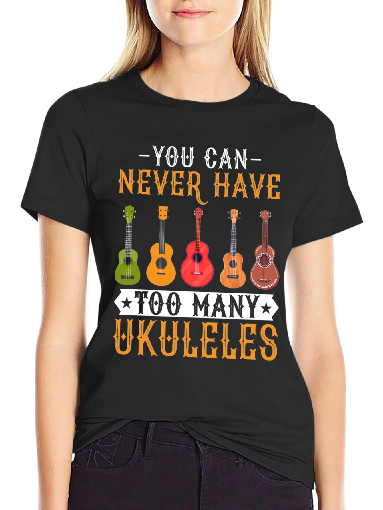 Black Ukulele Lover Tee - Never Have Too Many Ukuleles! view 2