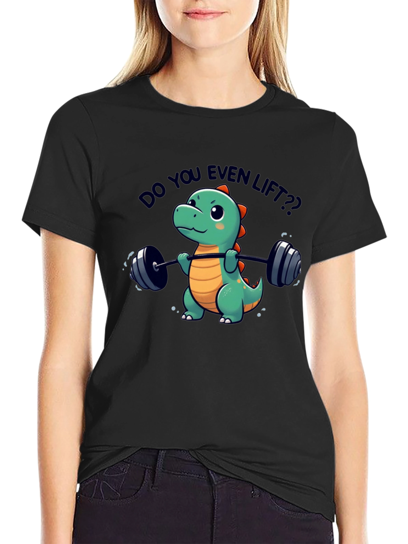 Black Funny Dinosaur Lifting Weights T-Shirt view 2