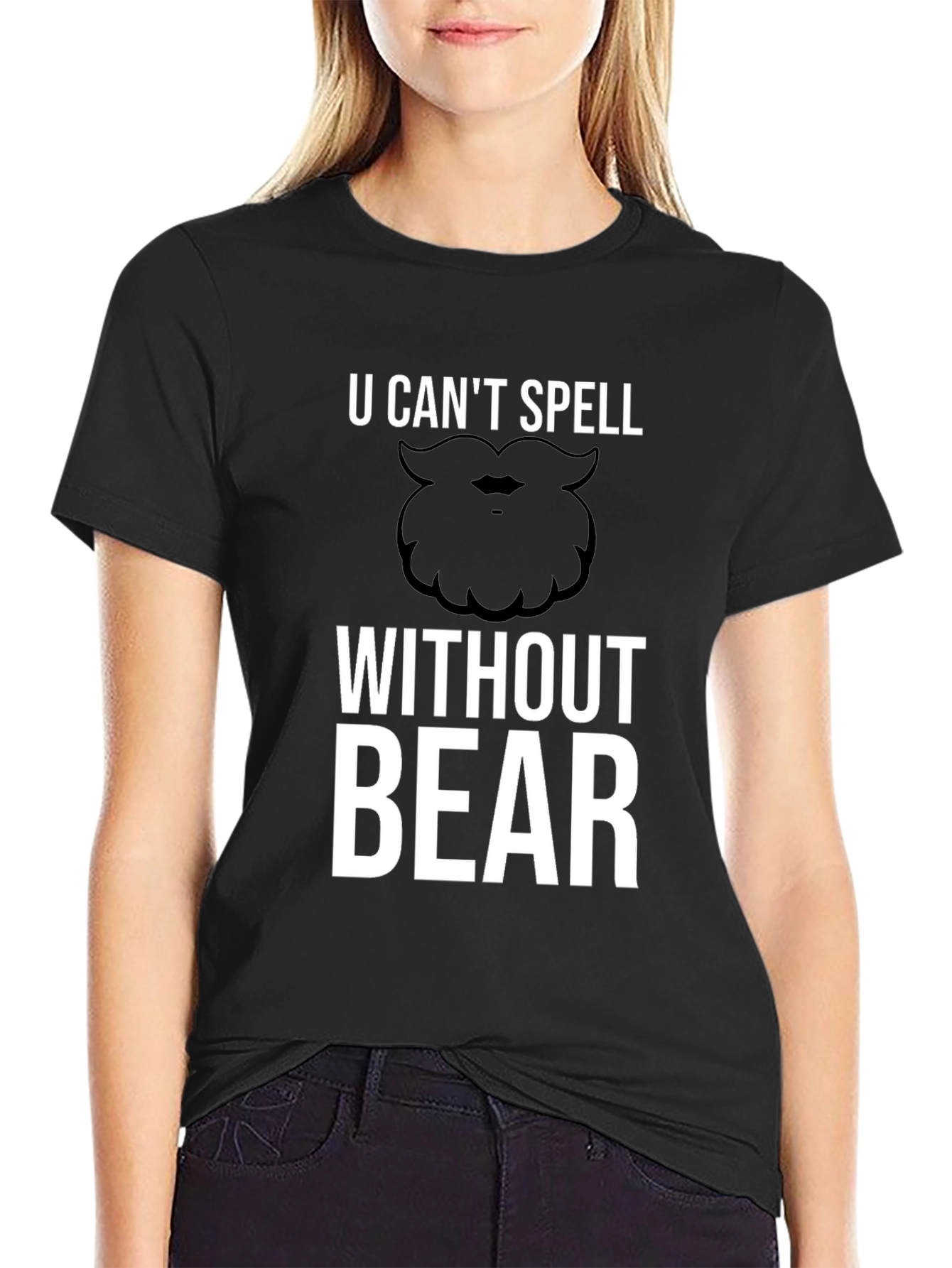 Black Funny Beard Humor Graphic T-Shirt - U Can't Spell Without Bear view 2
