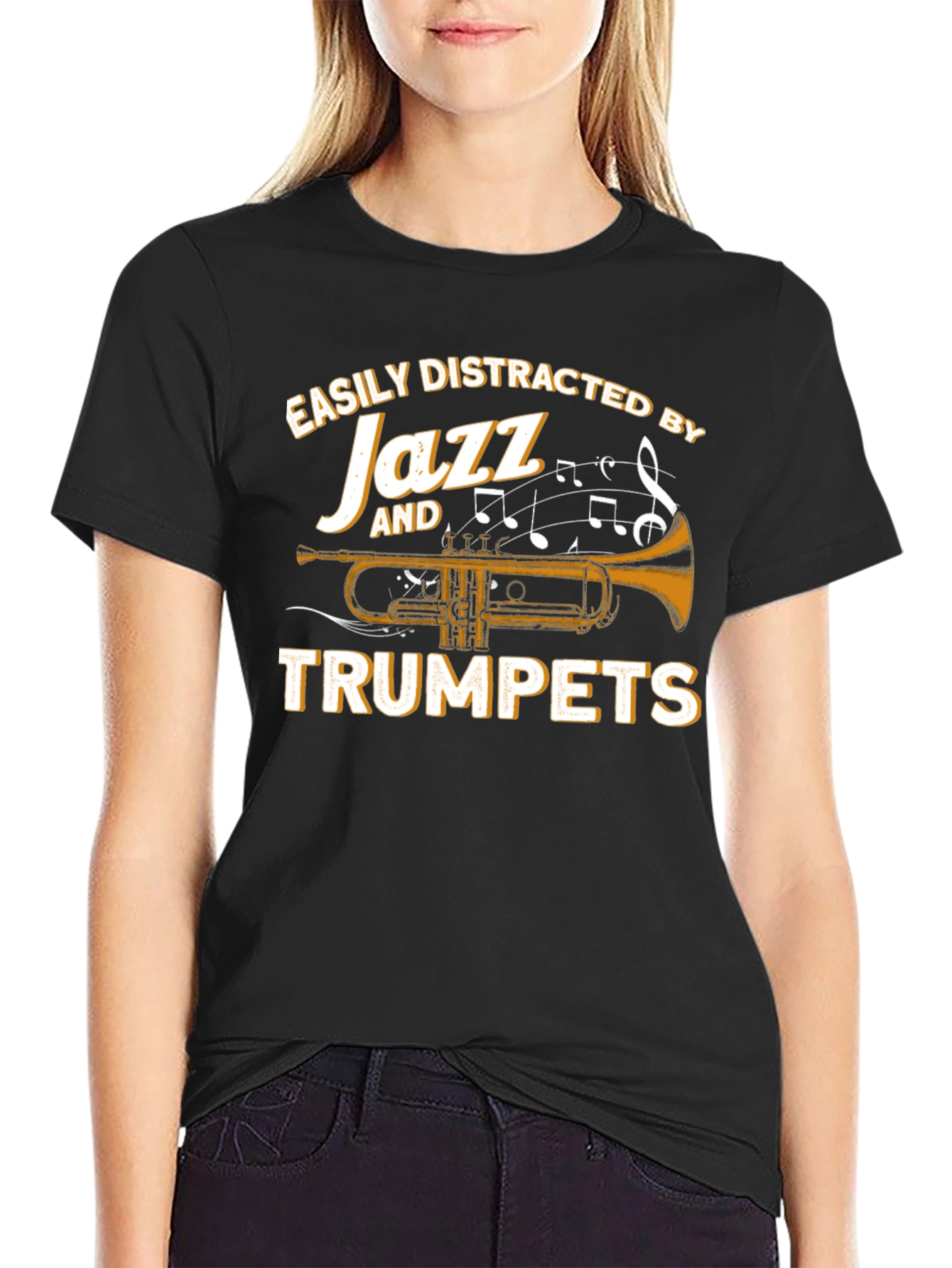 Black Easily Distracted by Jazz and Trumpets T-Shirt view 2
