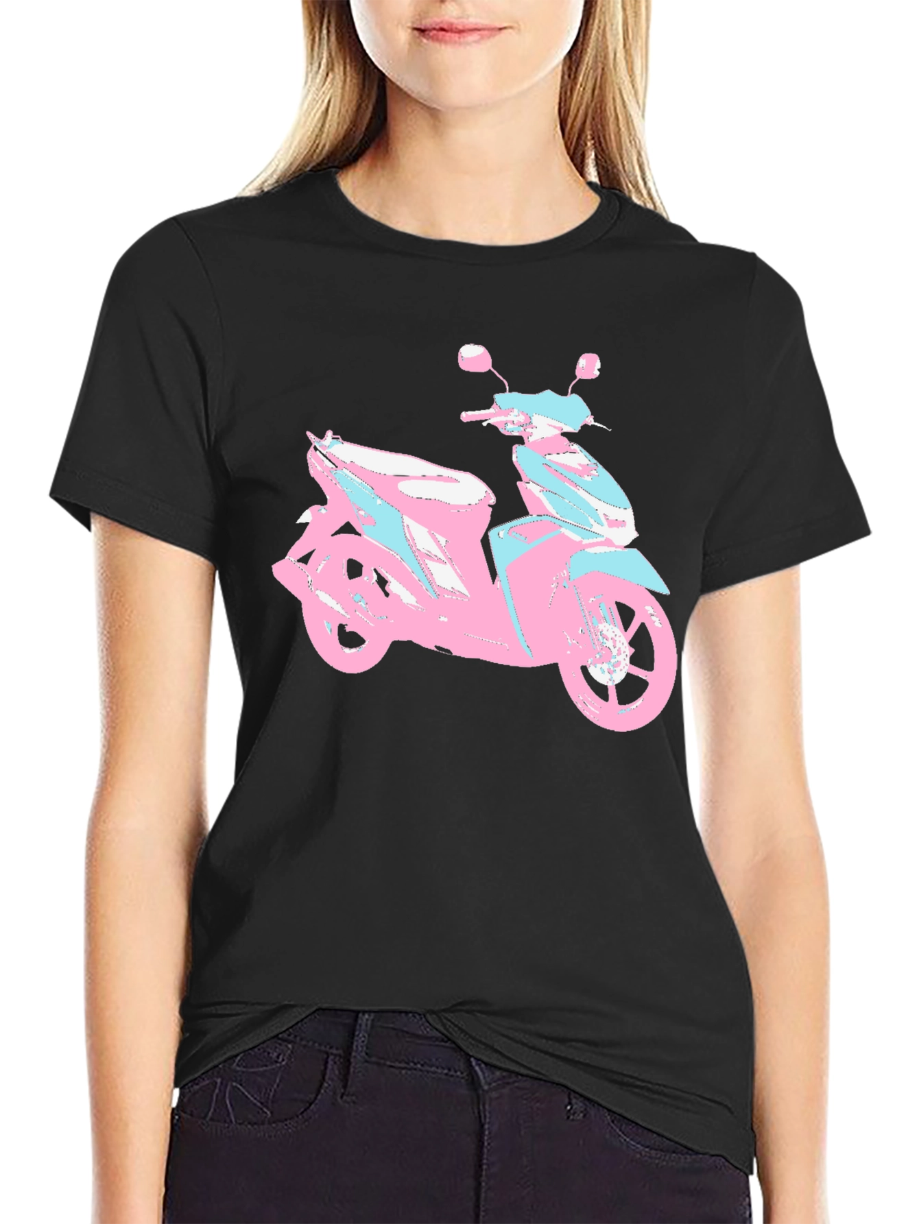 Black Vaporwave Scooter Graphic Tee - Black Cotton T-Shirt view 2