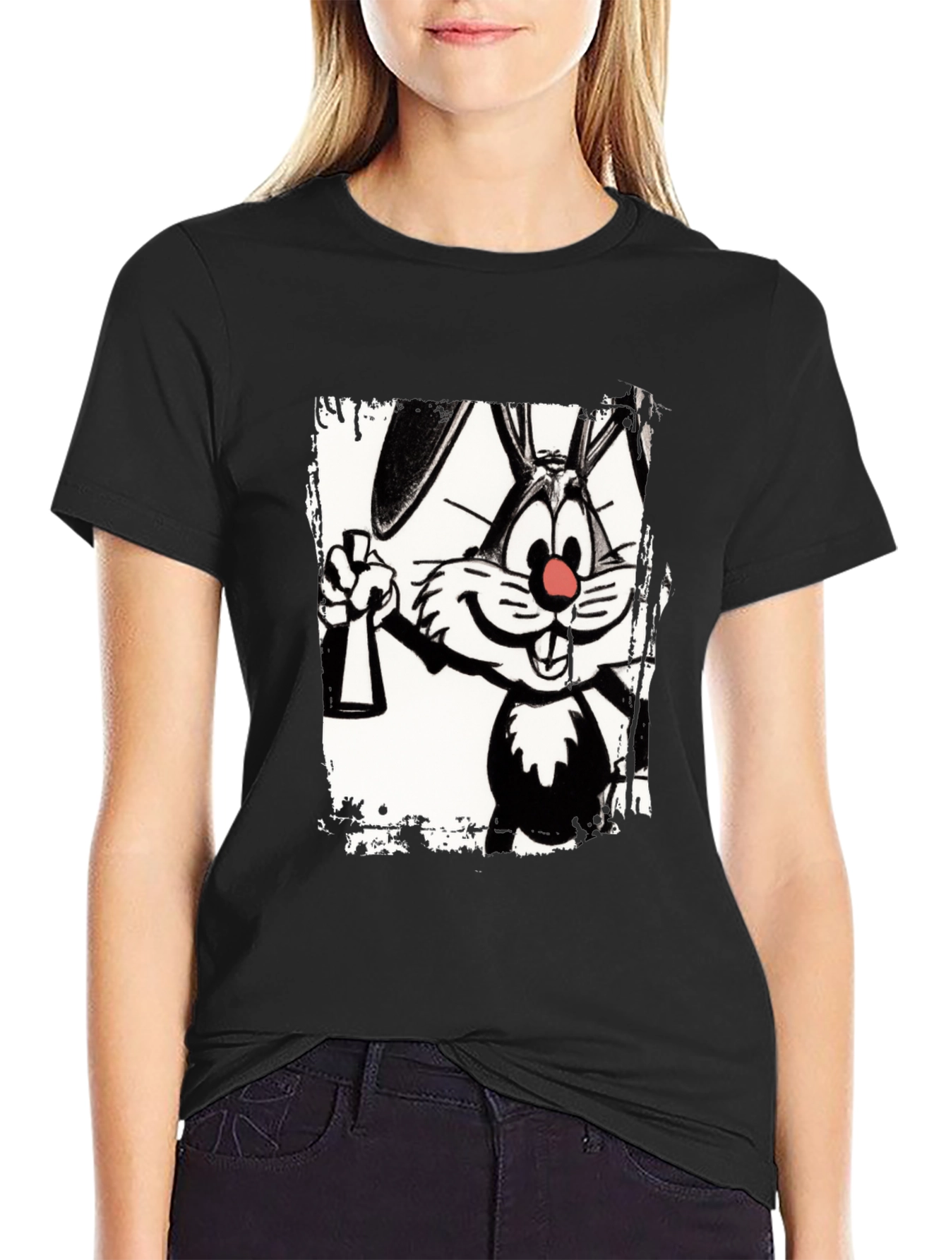 Black Cartoon Rabbit Graphic Black T-Shirt view 2
