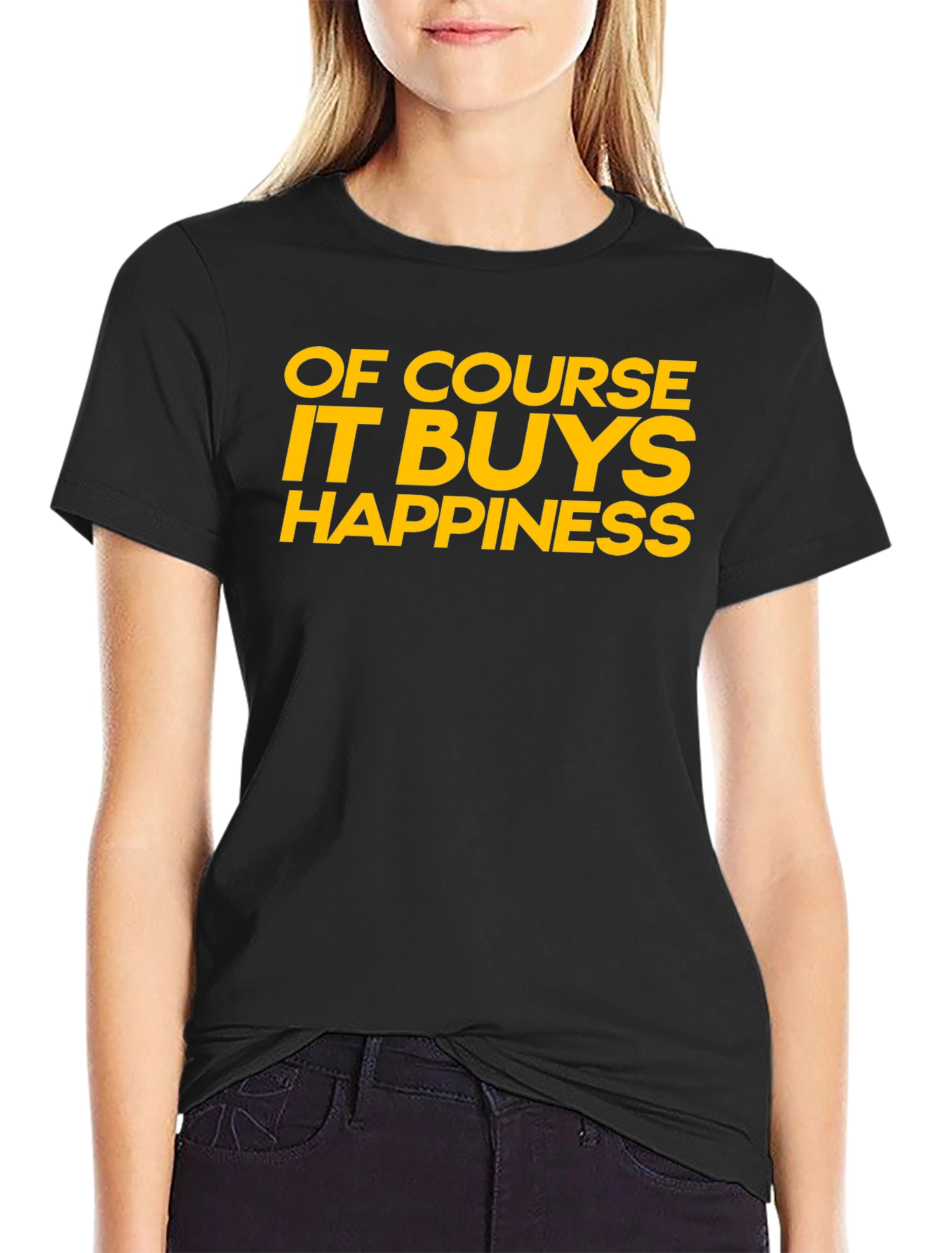 Black Funny "Of Course It Buys Happiness" Graphic T-Shirt view 2
