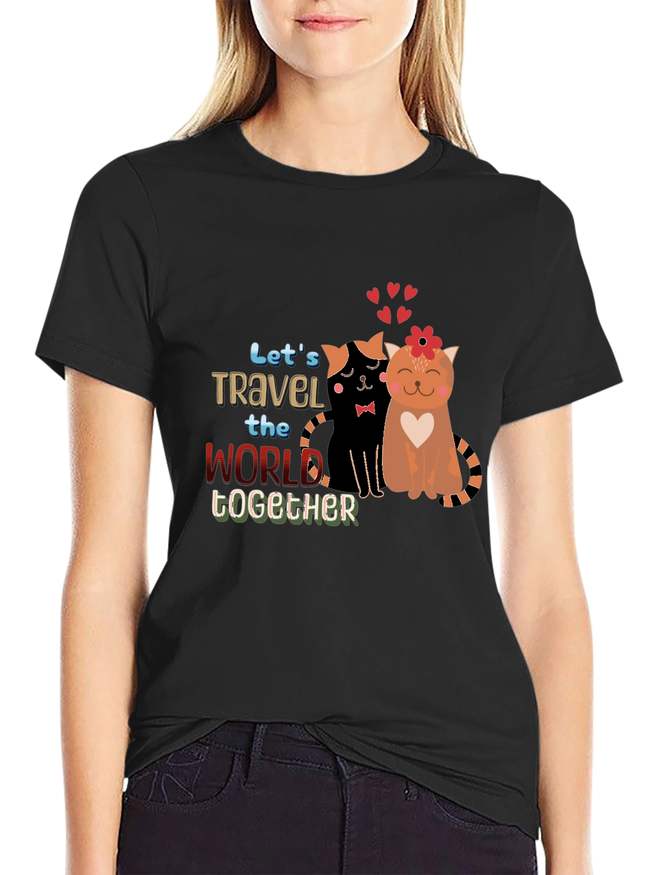 Black Cute Couple Cats Travel Together Graphic Black T-Shirt view 2
