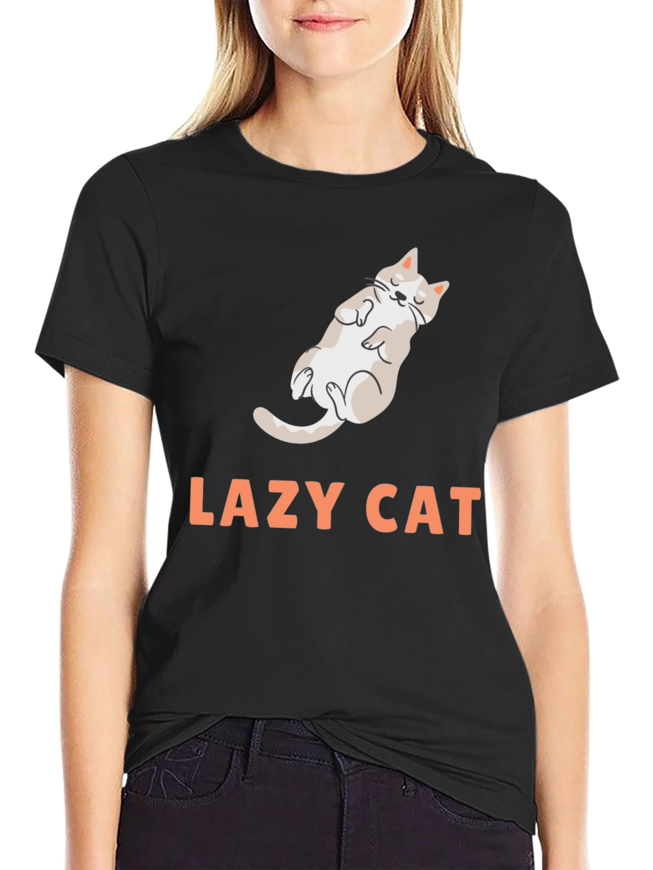Black Lazy Cat Graphic Tee - Black Cotton Blend view 2