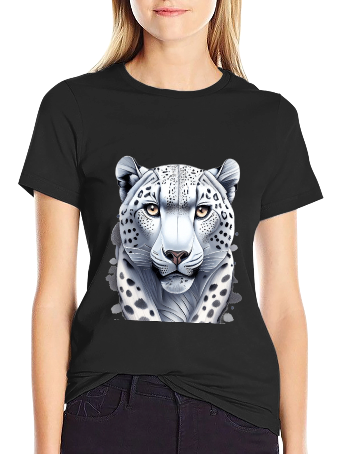 Black Snow Leopard Graphic Tee - Black Cotton Shirt view 2