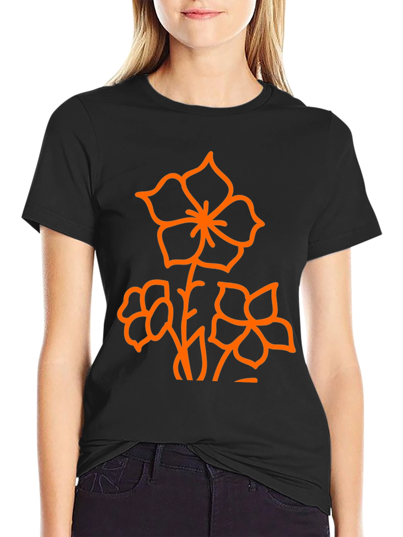 Black Black T-Shirt with Orange Floral Design view 2