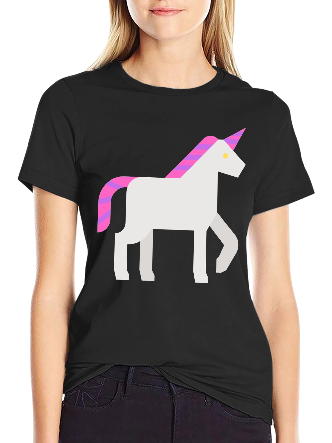 Black Geometric Unicorn Graphic Tee - Black Cotton T-Shirt view 2