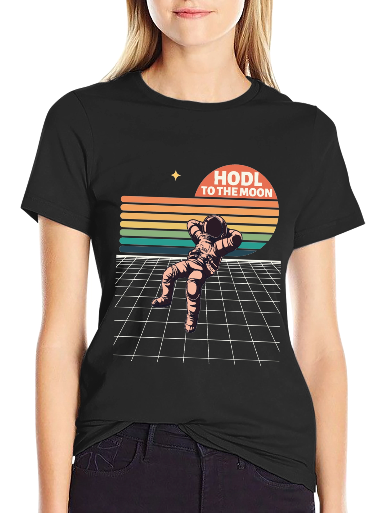 Black HODL To The Moon Retro Astronaut T-Shirt view 2
