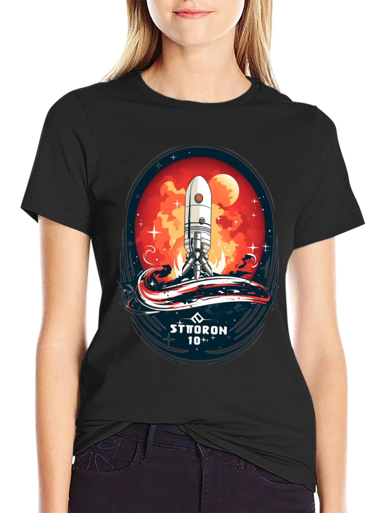 Black Sci-Fi Rocket Launch T-Shirt - Sttoron 10+ view 2