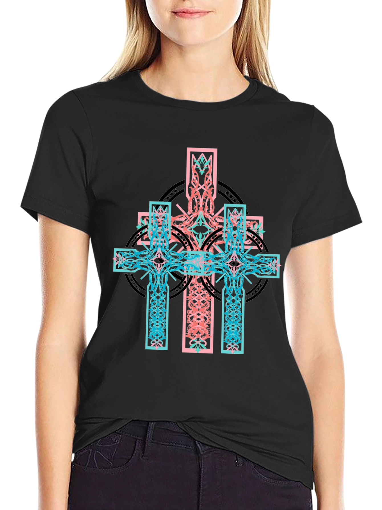 Black Celtic Cross Graphic Print Black T-Shirt view 2