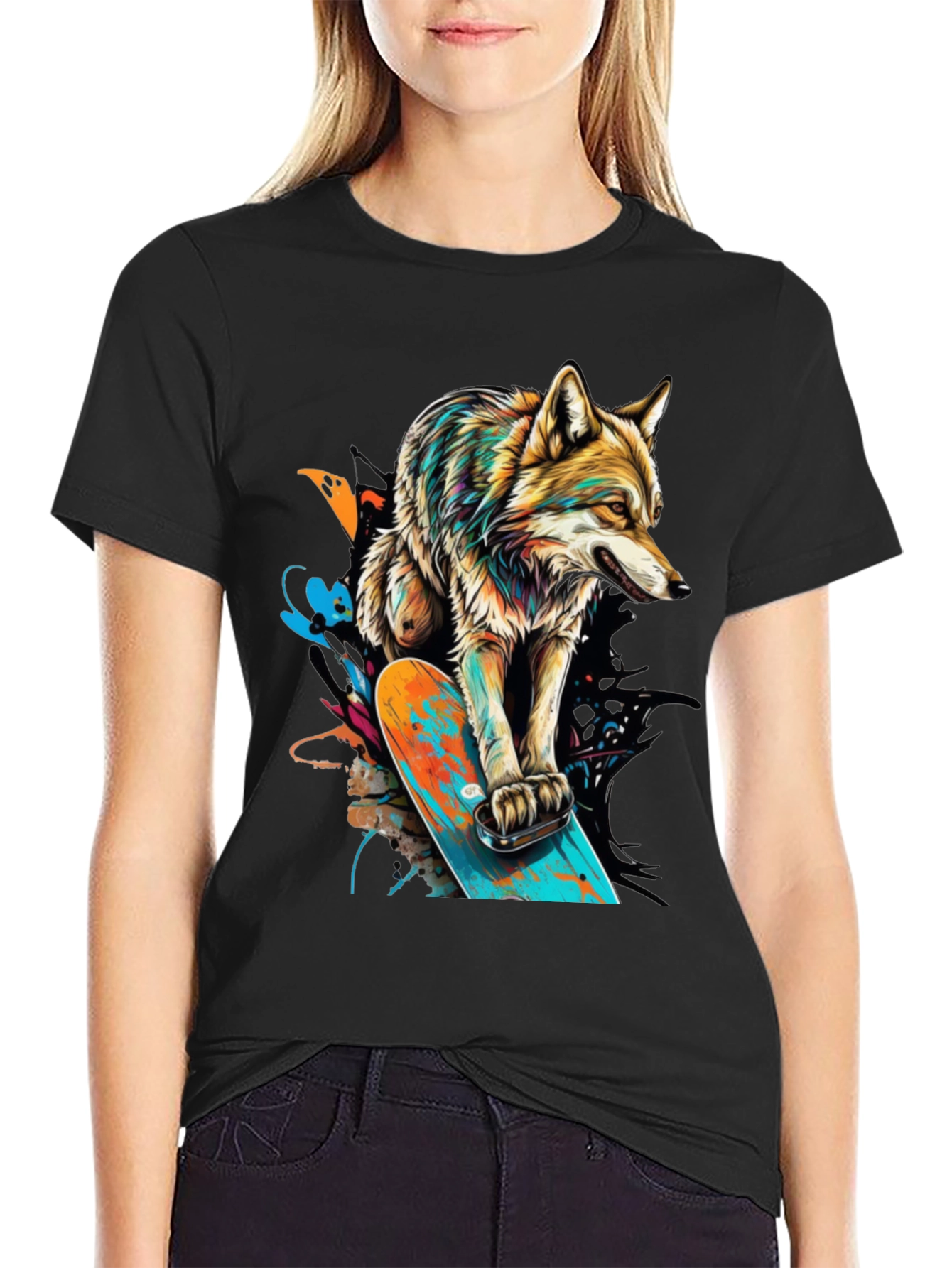 Black Wolf Skateboard Graphic T-Shirt - Urban Streetwear view 2