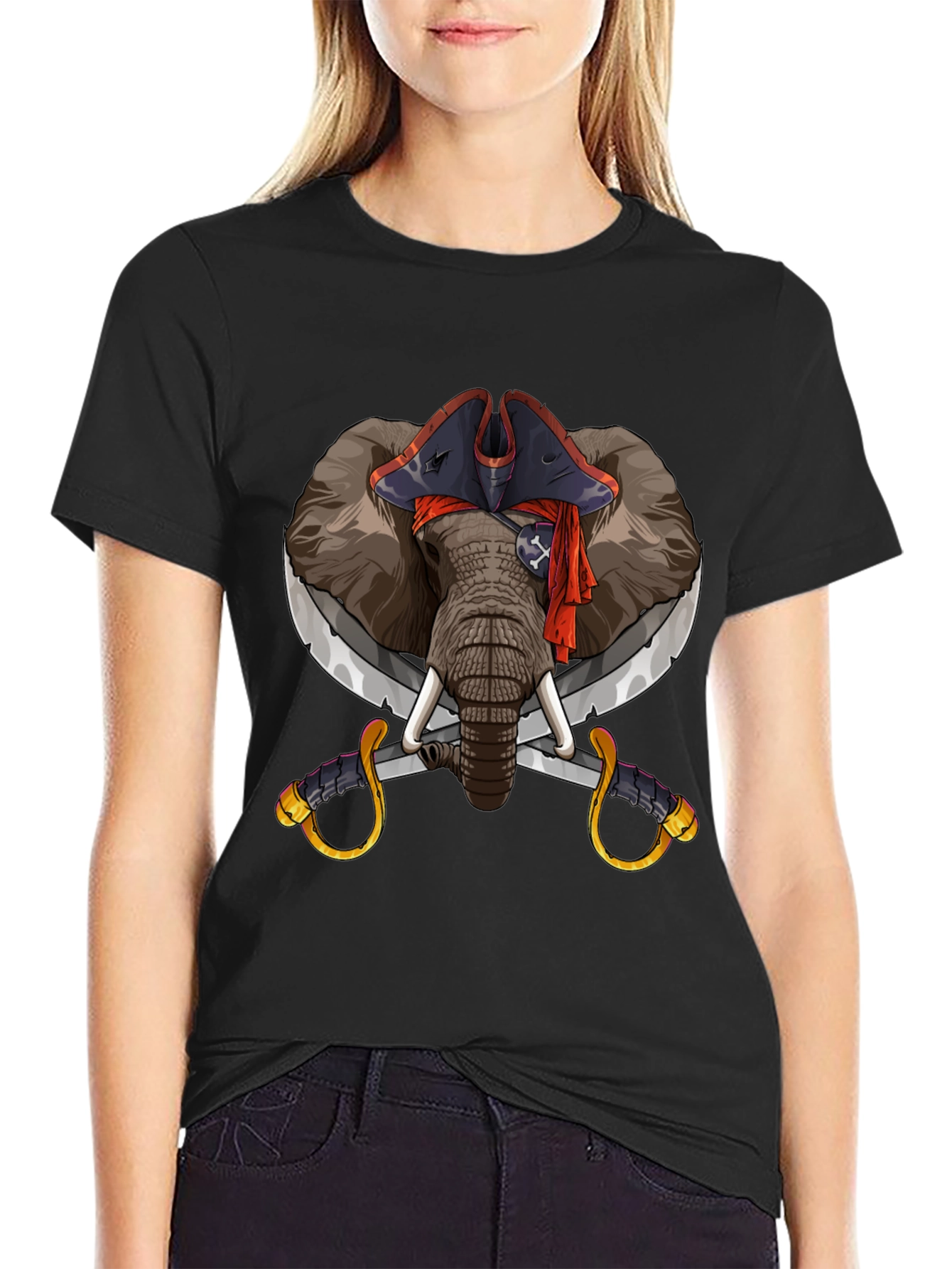 Black Pirate Elephant Graphic Tee - Black Cotton T-Shirt view 2