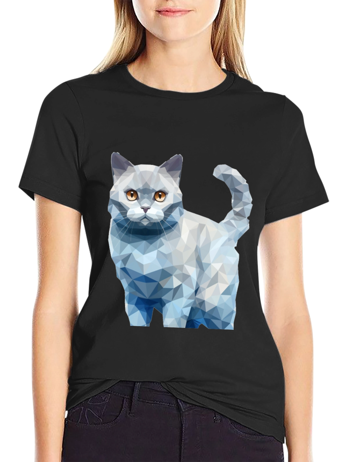 Black Geometric Cat Print Black T-Shirt view 2