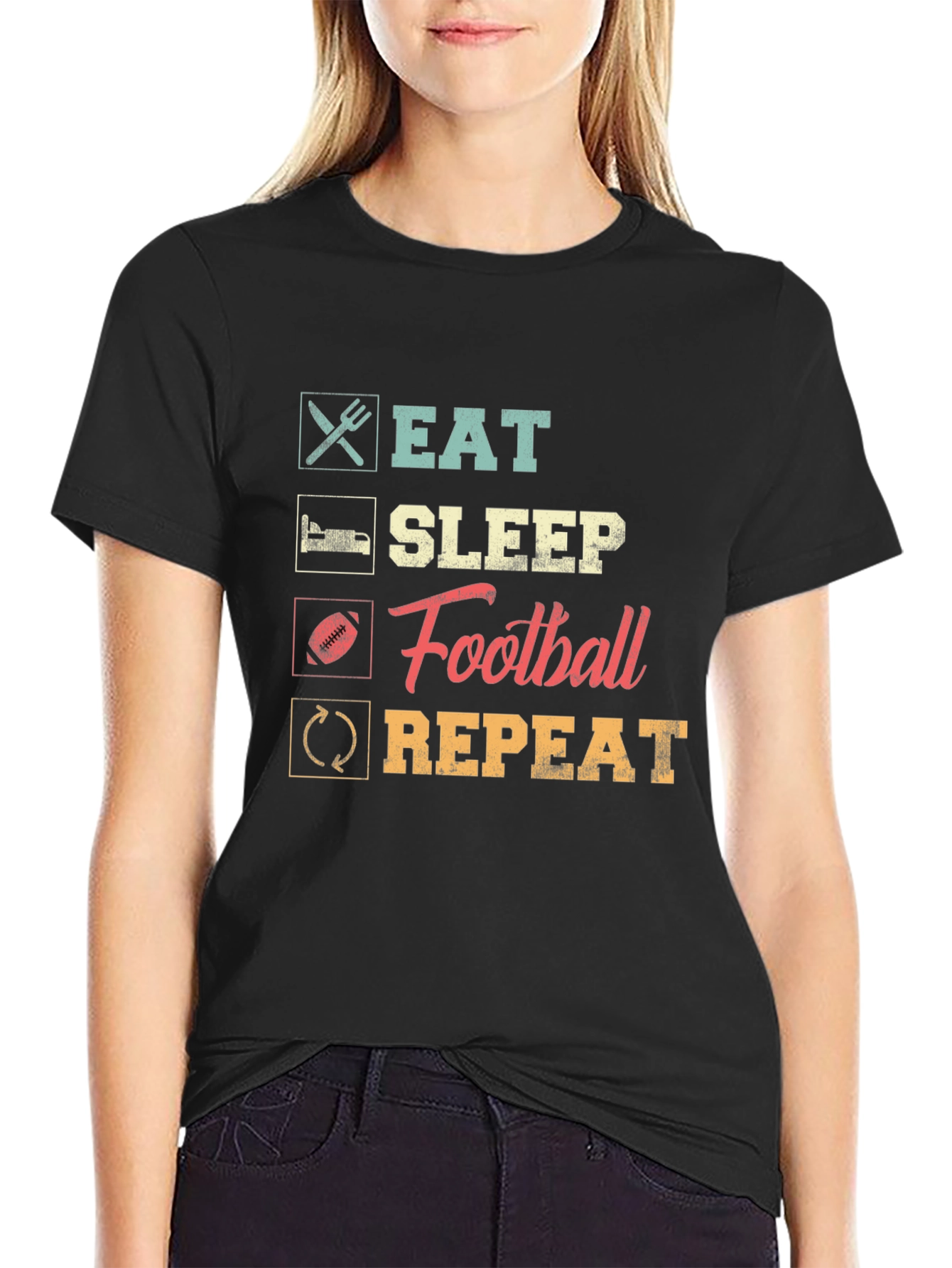 Black Eat Sleep Football Repeat Black Tee view 2