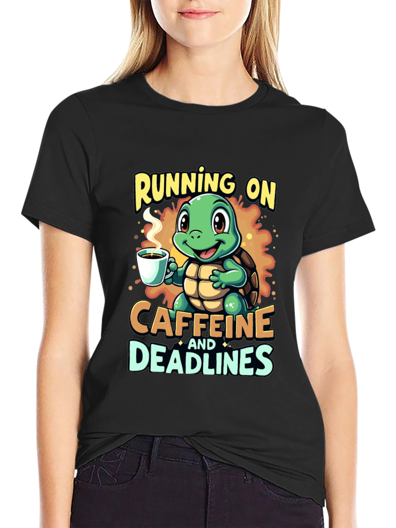 Black Caffeine Turtle T-Shirt - Running on Deadlines view 2