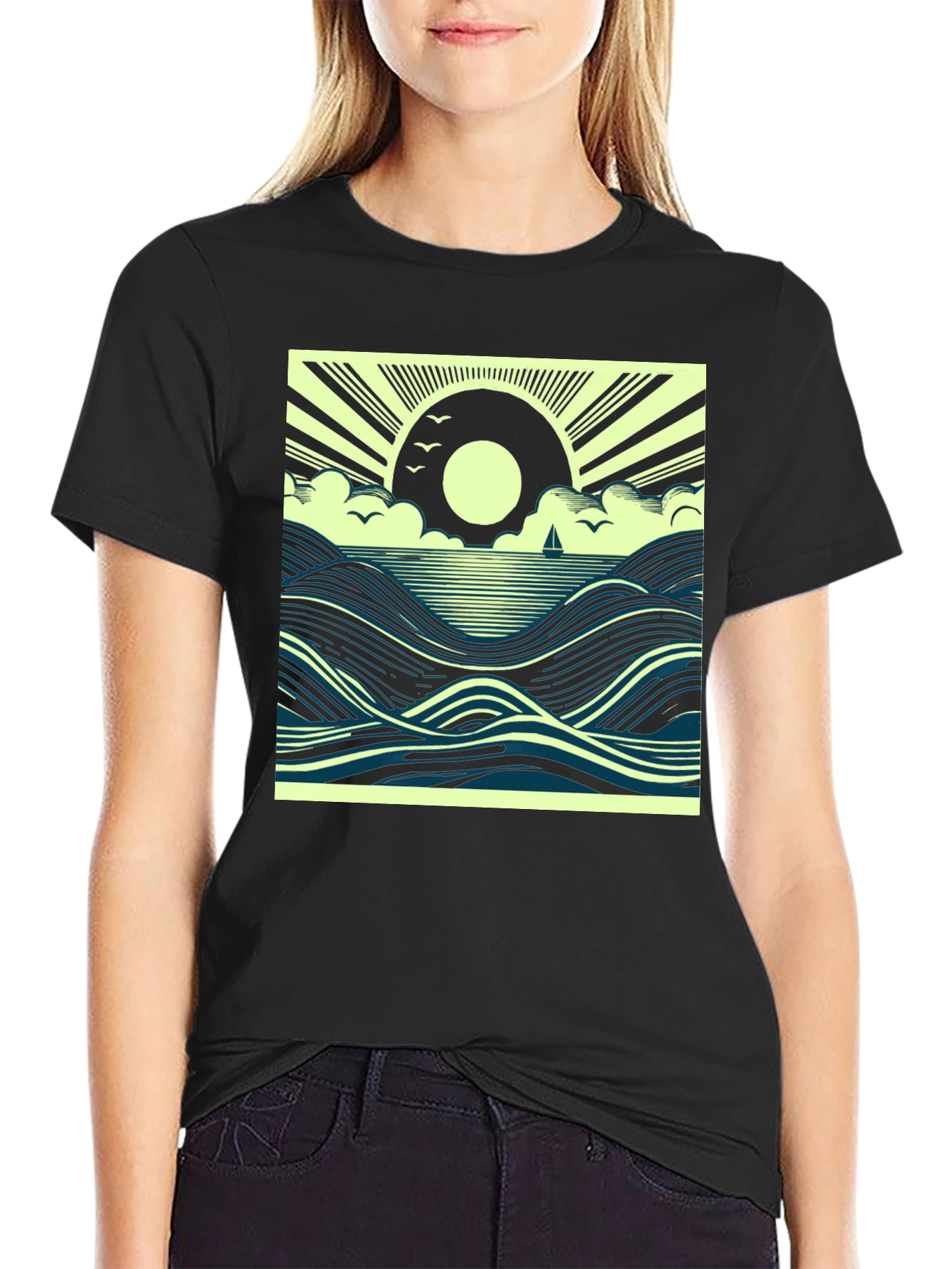 Black Ocean Sunrise Graphic Tee - Black Cotton T-Shirt view 2