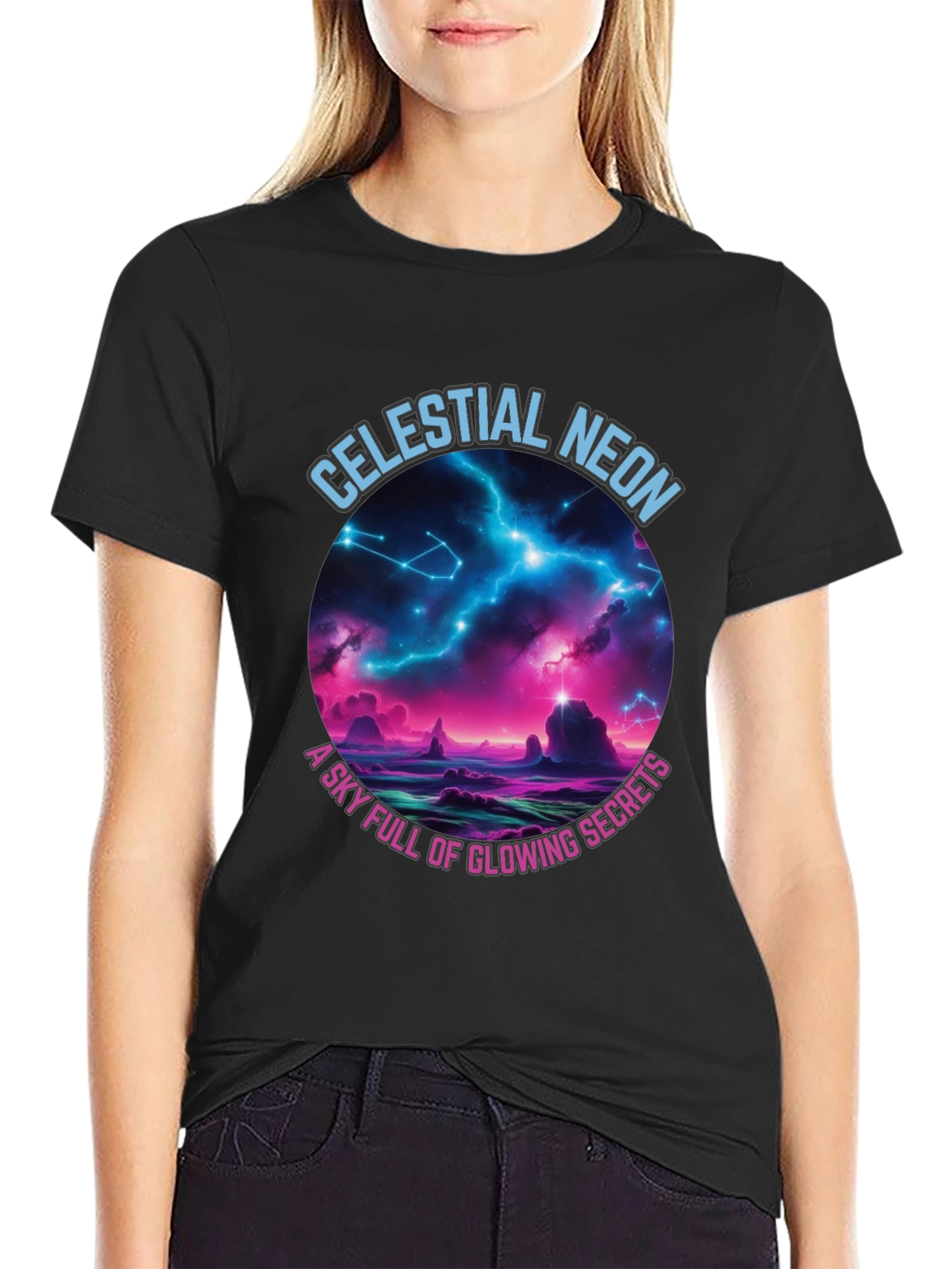 Black Celestial Neon Graphic T-Shirt view 2
