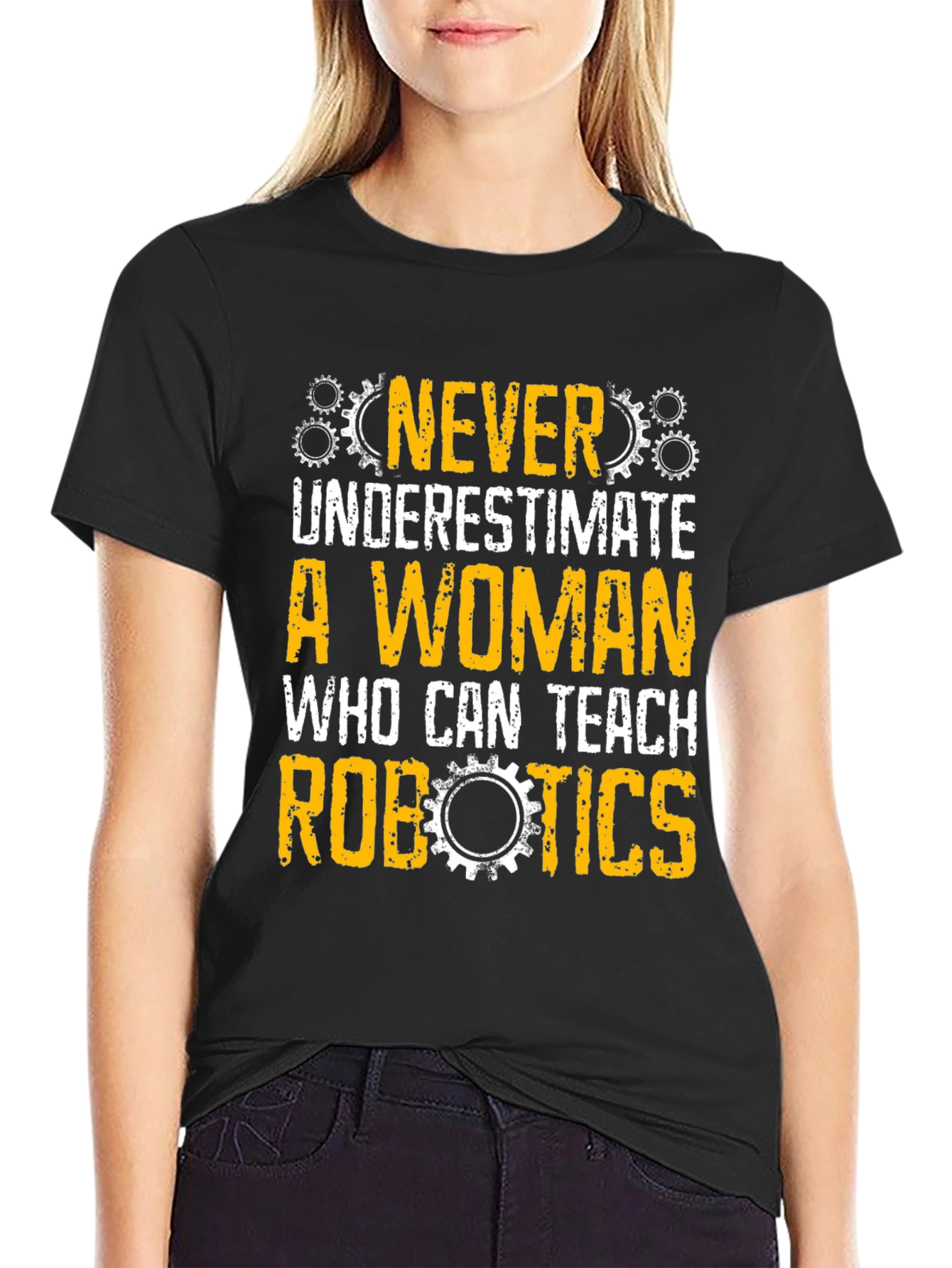 Black Never Underestimate Woman Robotics Teacher T-Shirt view 2