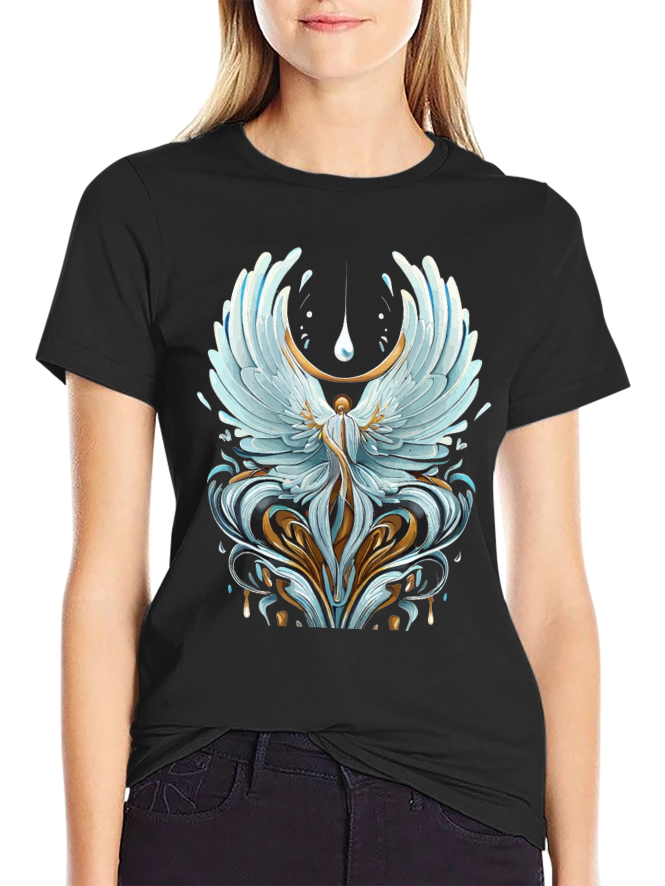 Black Winged Angel Graphic Print Black T-Shirt view 2