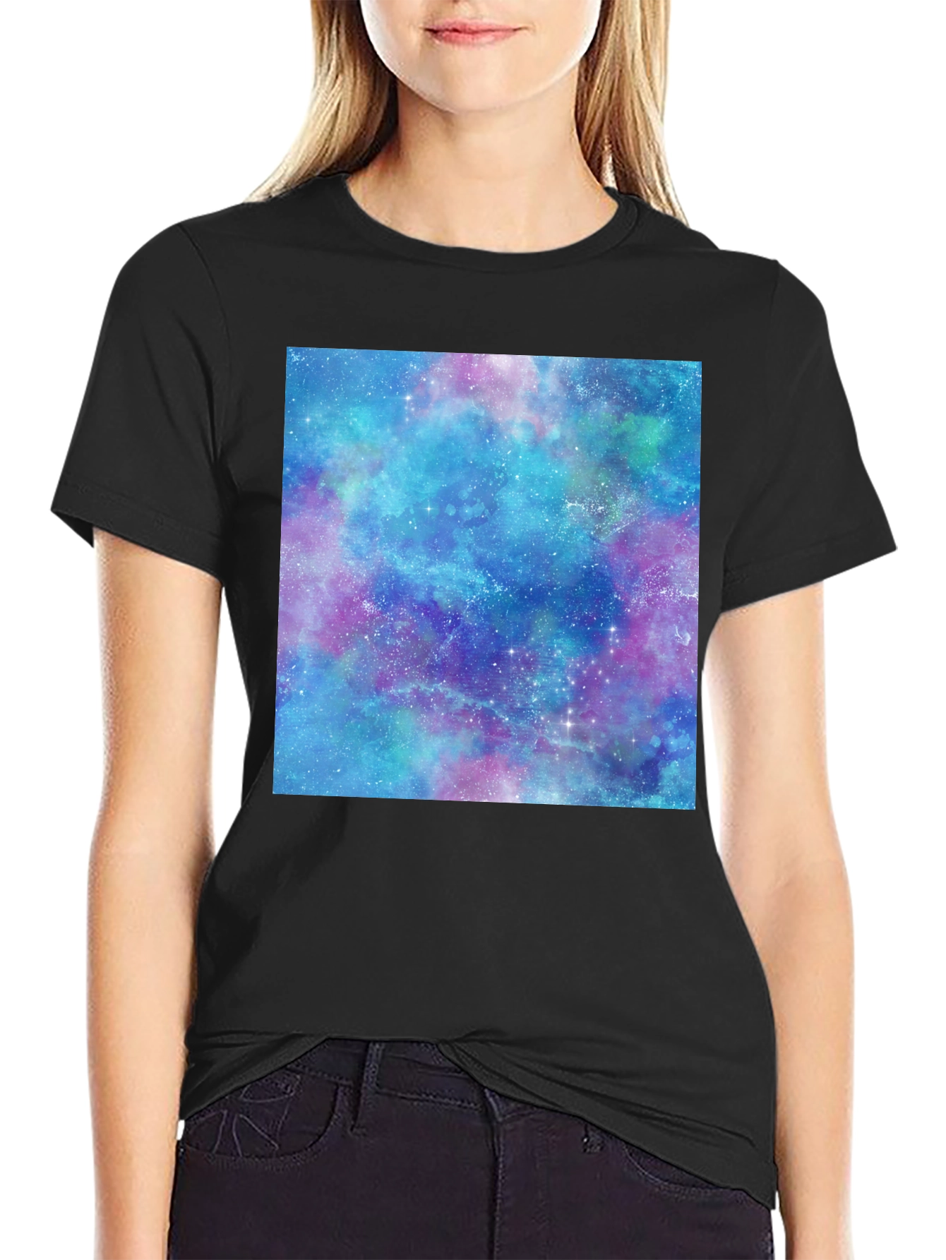 Black Galaxy Print T-Shirt - Black Cotton Casual Tee view 2