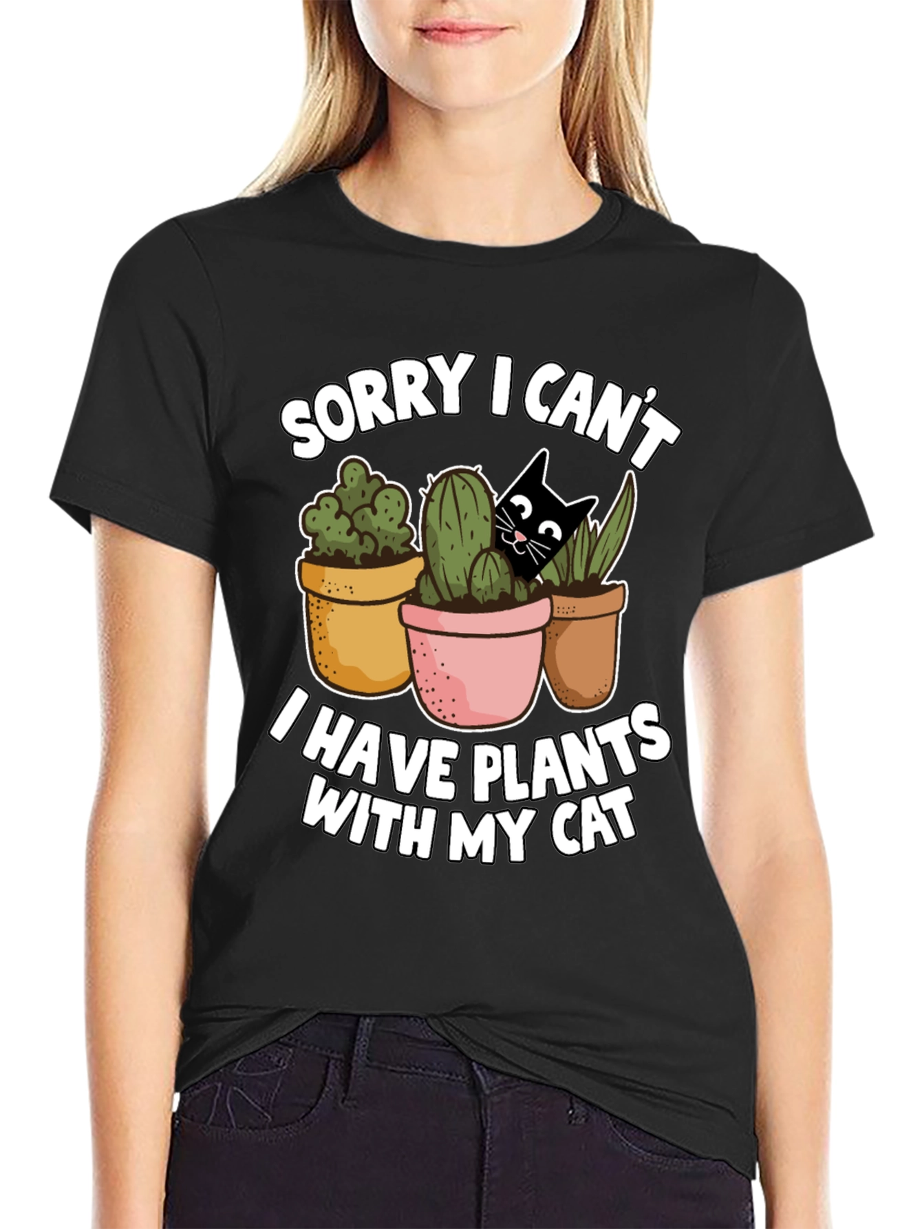 Black Funny Plants and Cat Graphic T-Shirt view 2