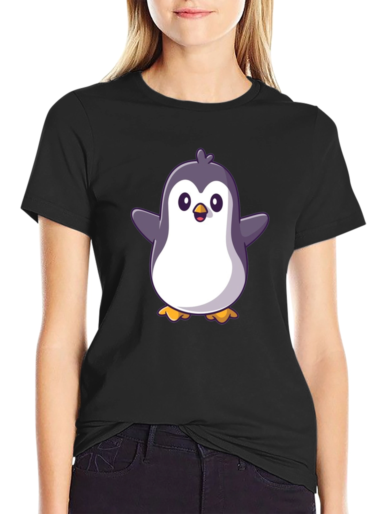 Black Cute Penguin Graphic Black T-Shirt view 2