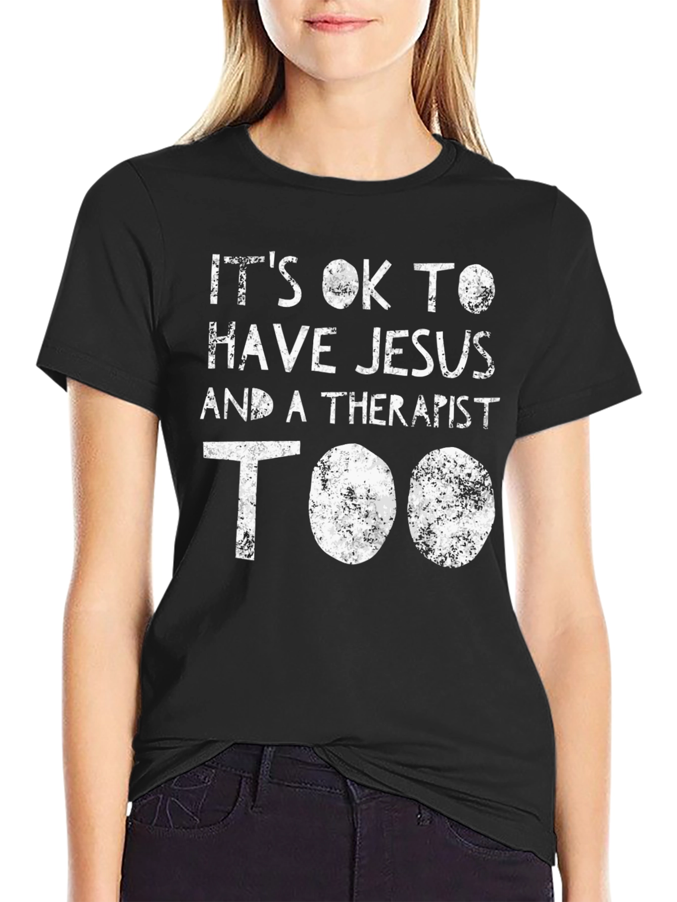 Black It's OK to Have Jesus and Therapist T-Shirt view 2