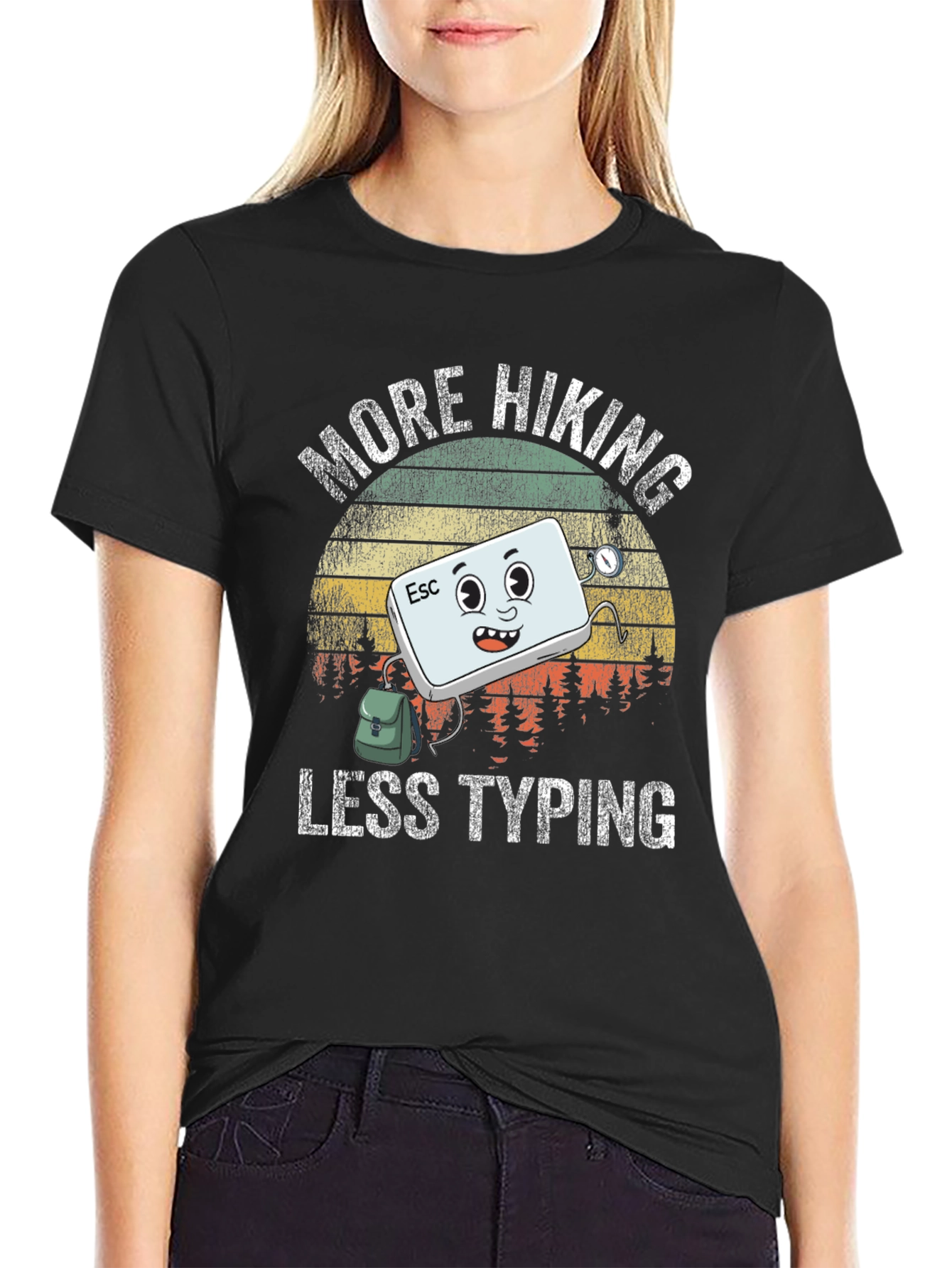 Black More Hiking Less Typing Graphic T-Shirt view 2