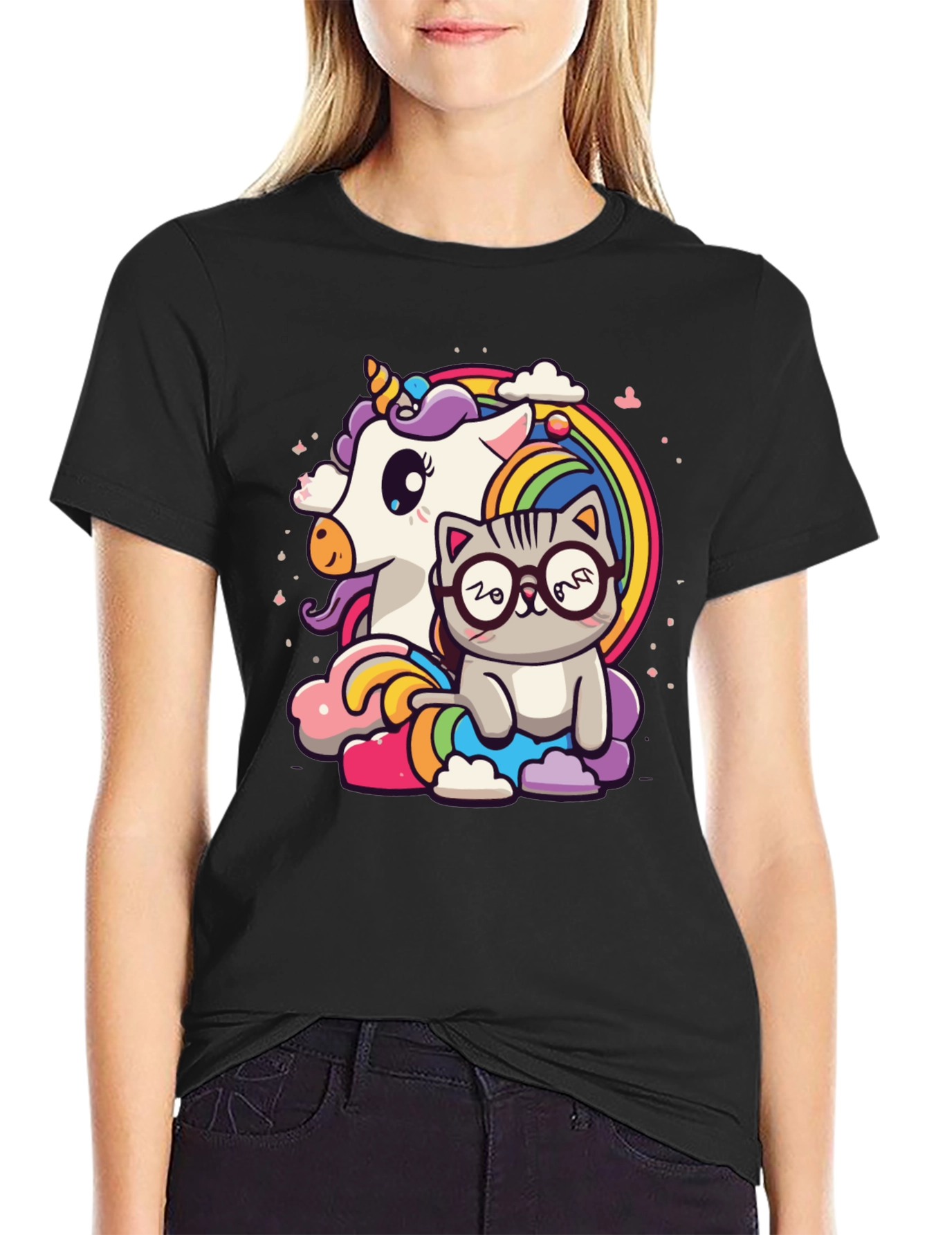 Black Unicorn Cat Rainbow Graphic Tee - Black view 2