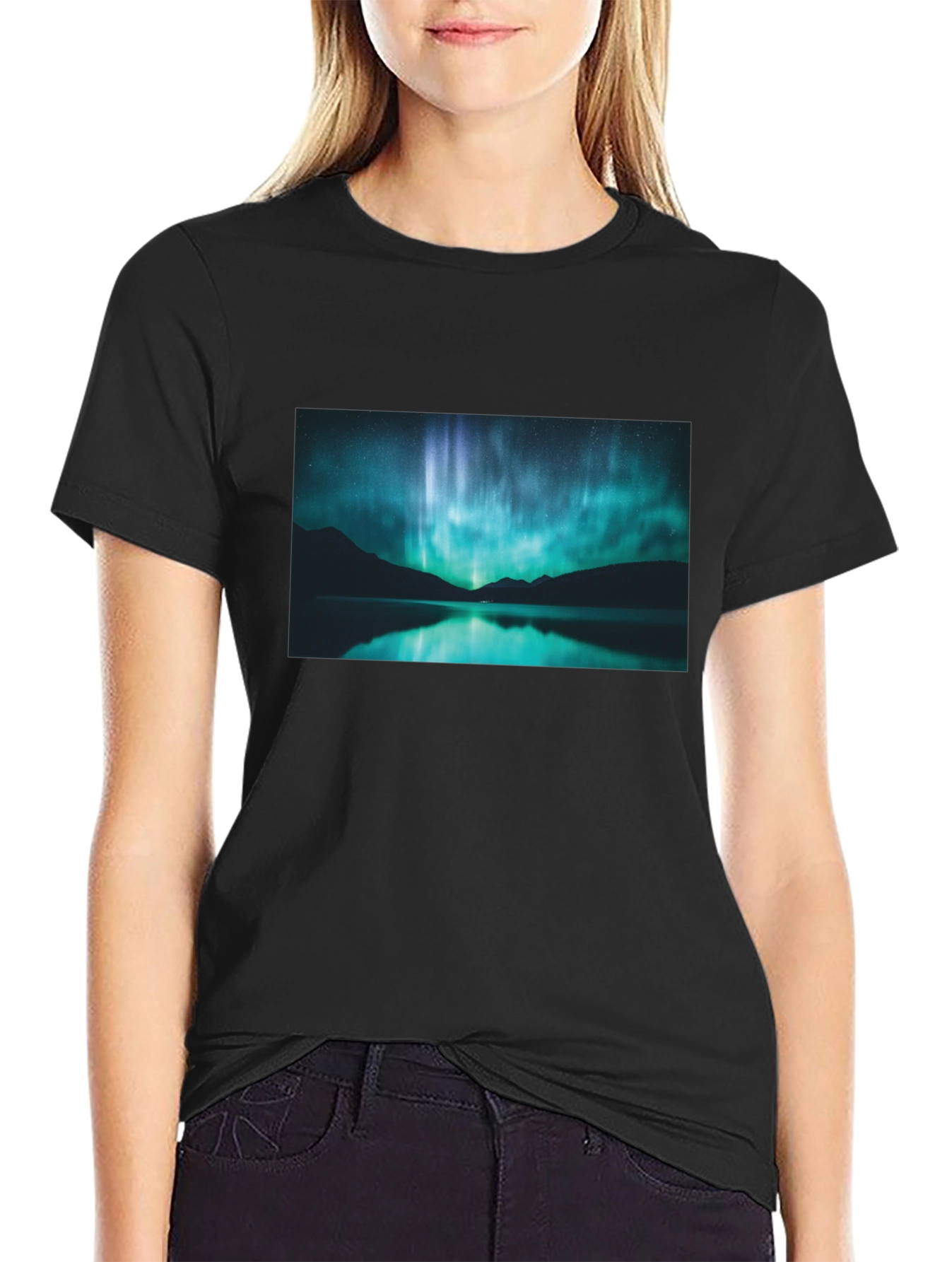 Black Aurora Borealis Graphic Tee - Midnight Lake view 2