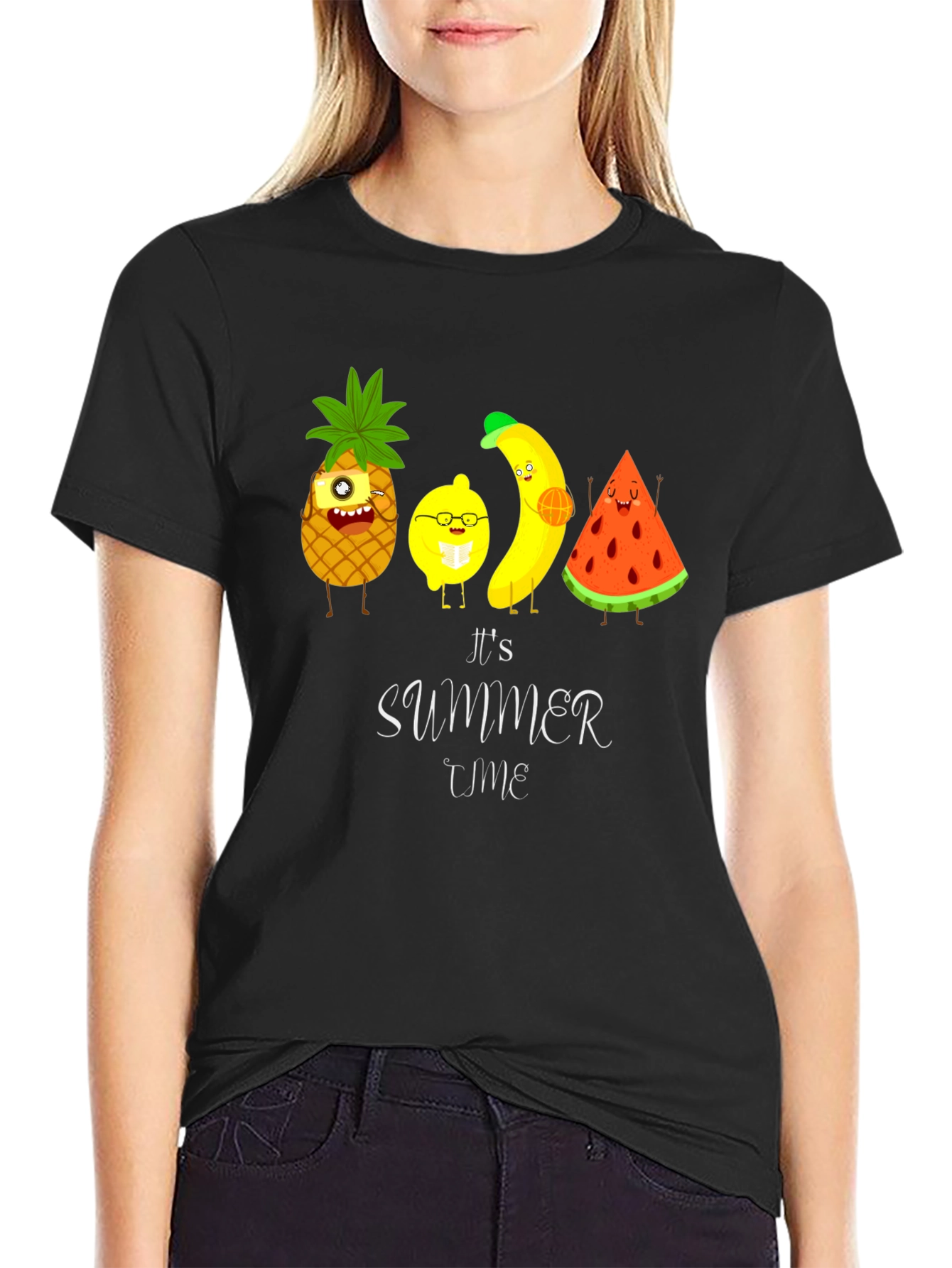 Black It's Summer Time Fruit Cartoon T-Shirt view 2