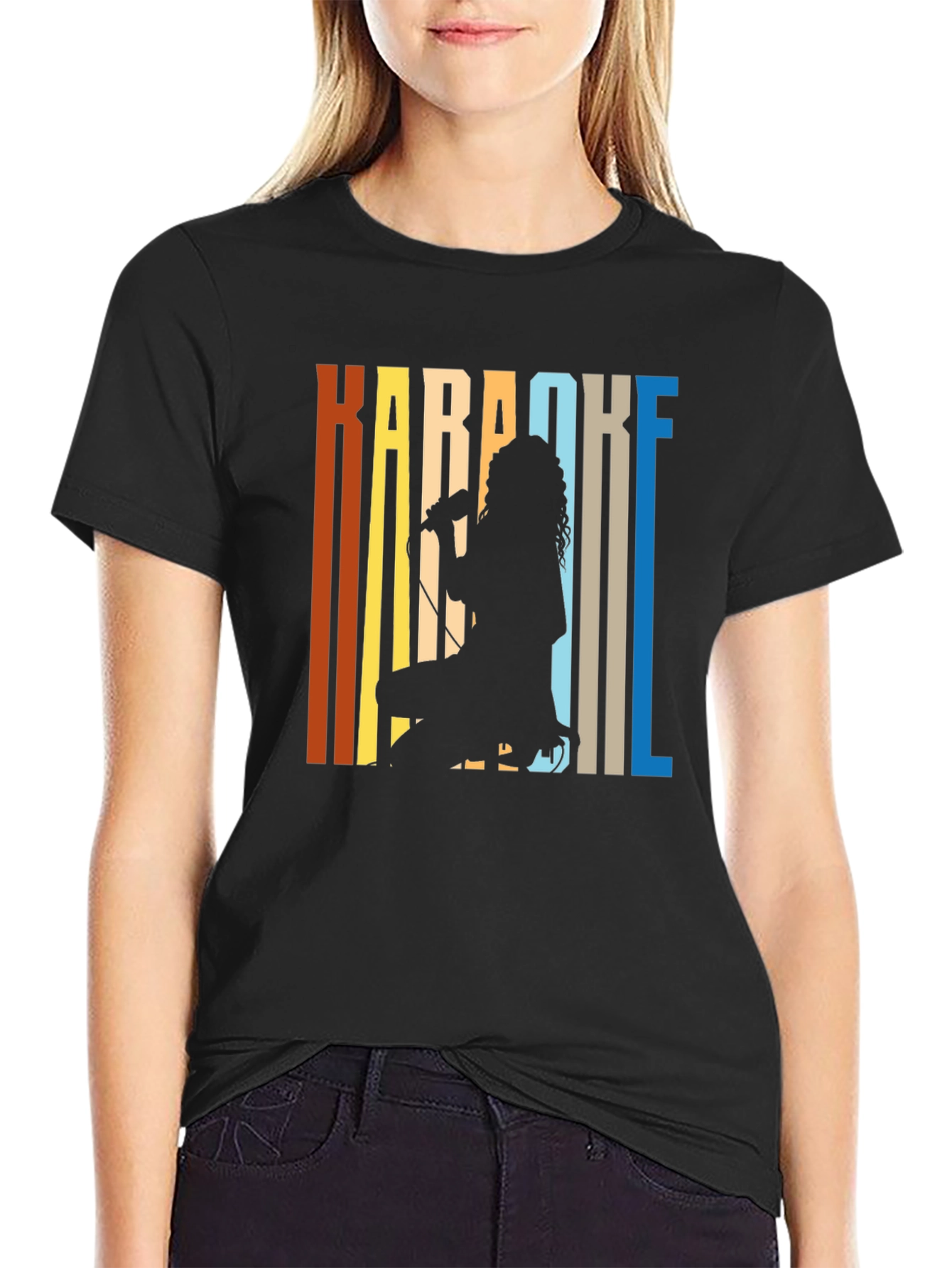 Black Karaoke Singer Silhouette Graphic Tee - Retro Style view 2
