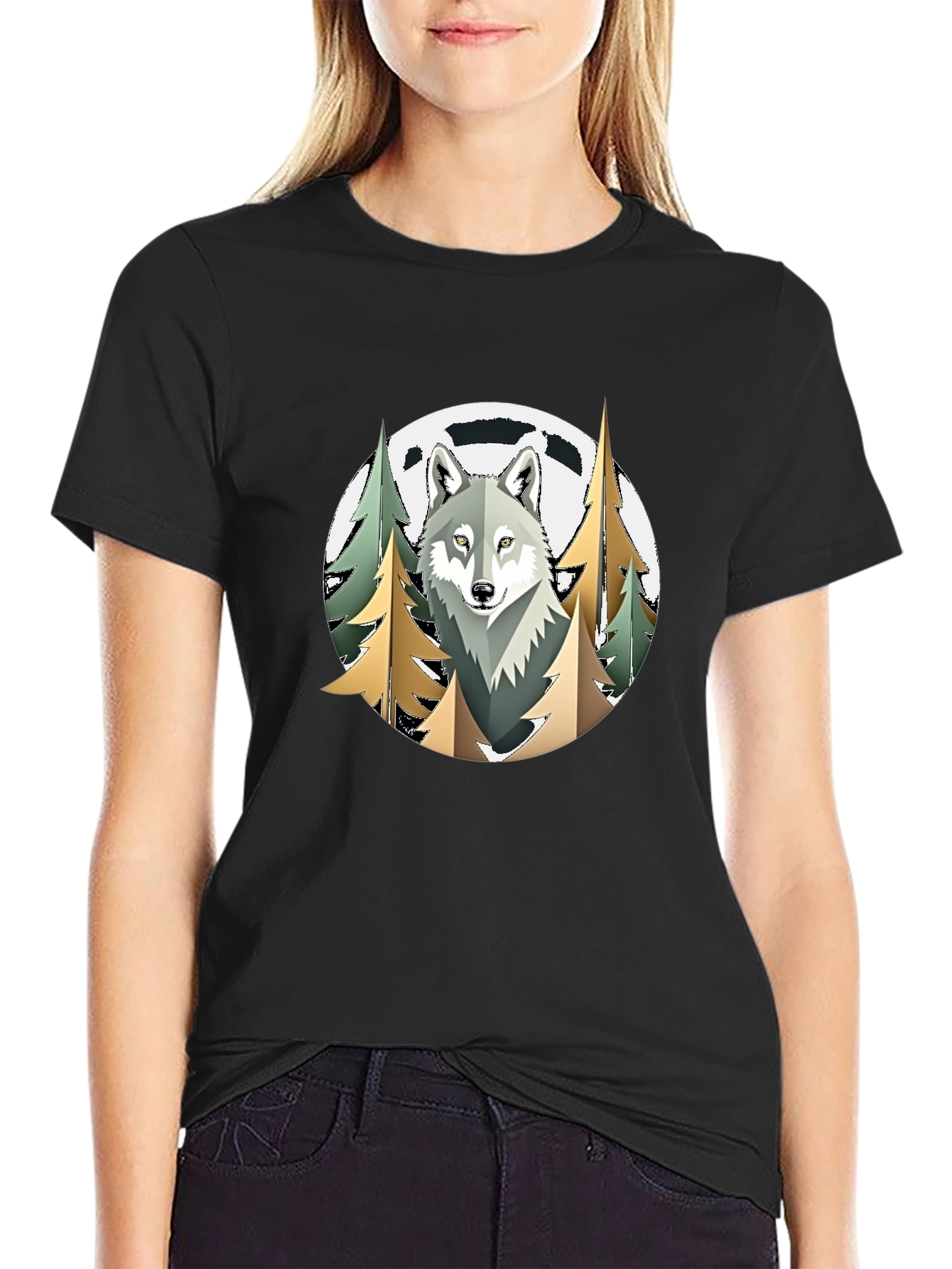 Black Wolf in the Woods Graphic T-Shirt view 2