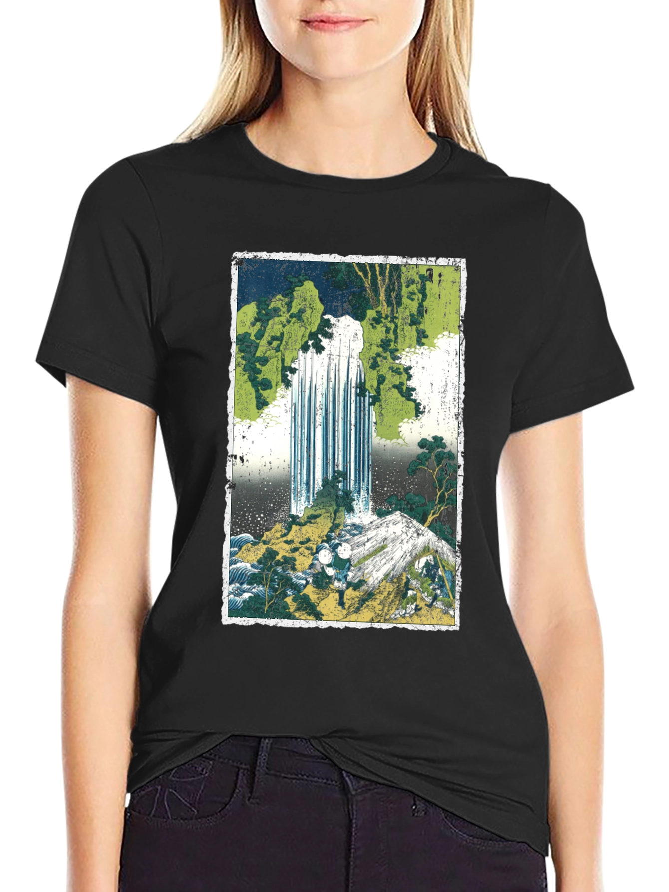 Black Waterfall Graphic Tee - Men's Black Cotton T-Shirt view 2