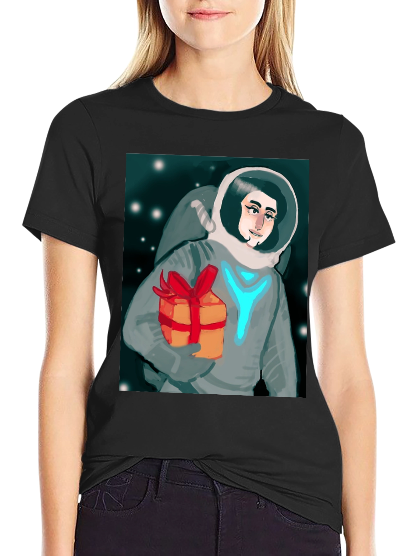 Black Astronaut with Gift Graphic Tee - Black Cotton T-Shirt view 2