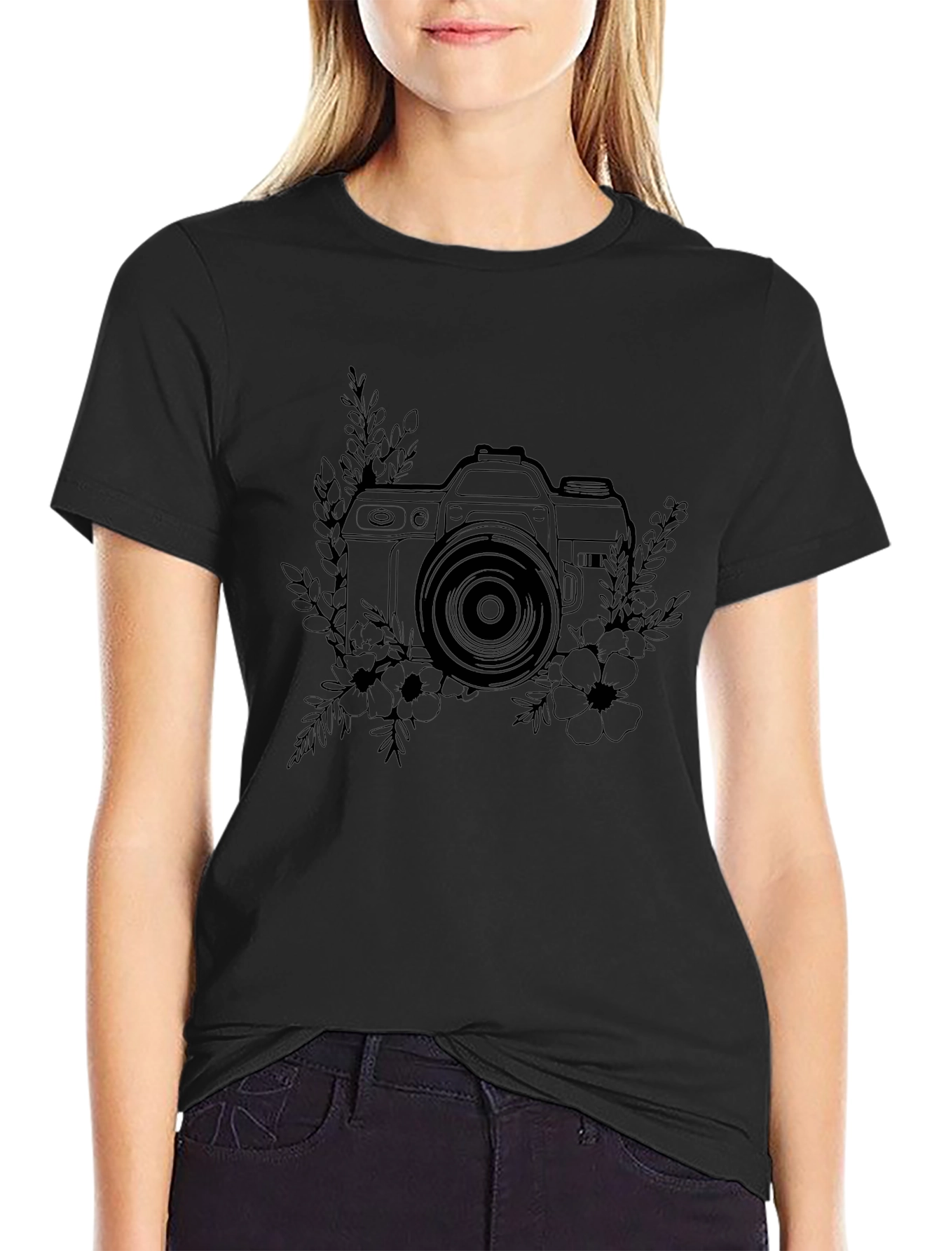 Black Floral Camera Graphic T-Shirt view 2