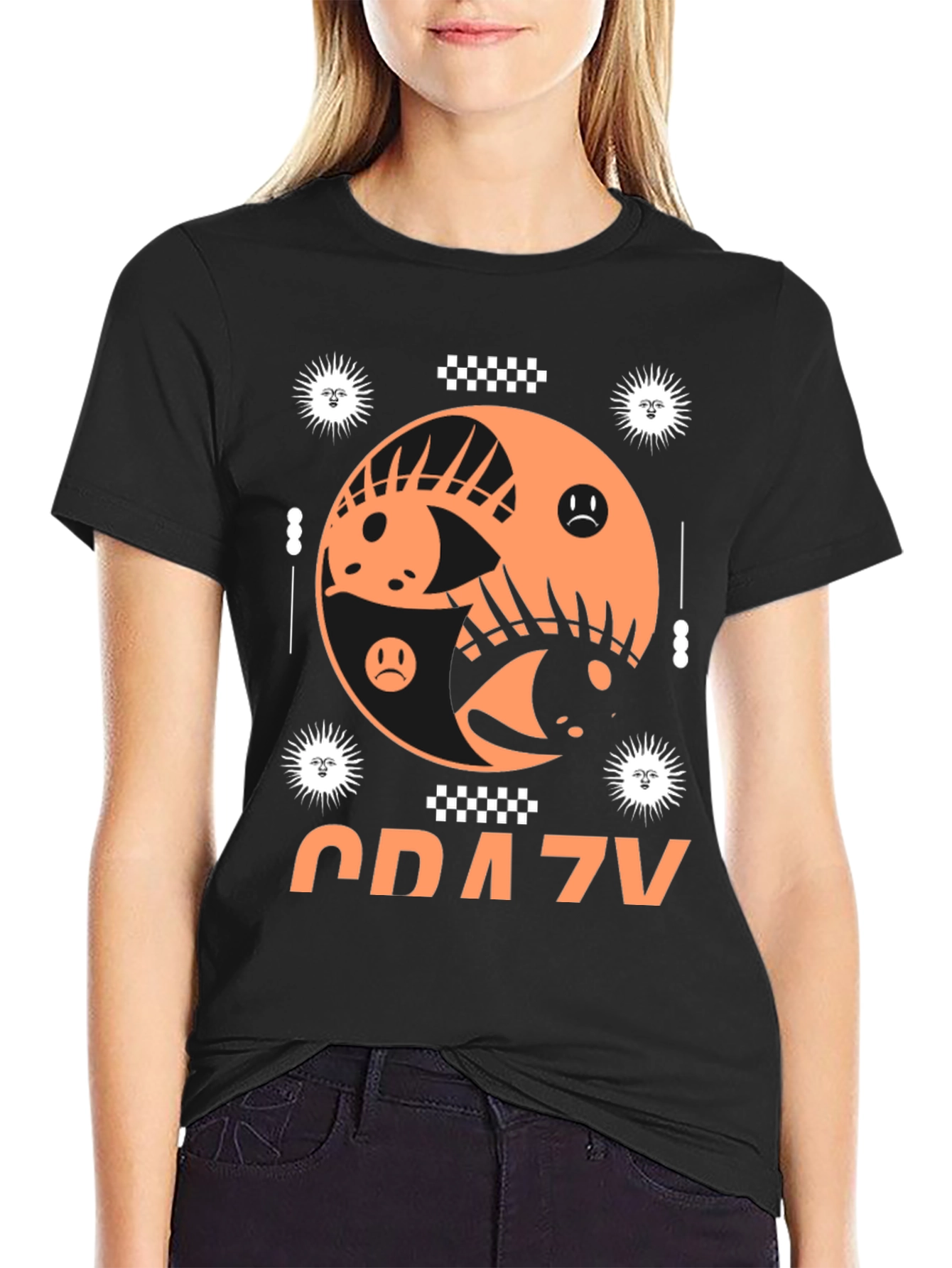 Black Crazy Graphic Tee - Black Cotton Blend T-Shirt view 2