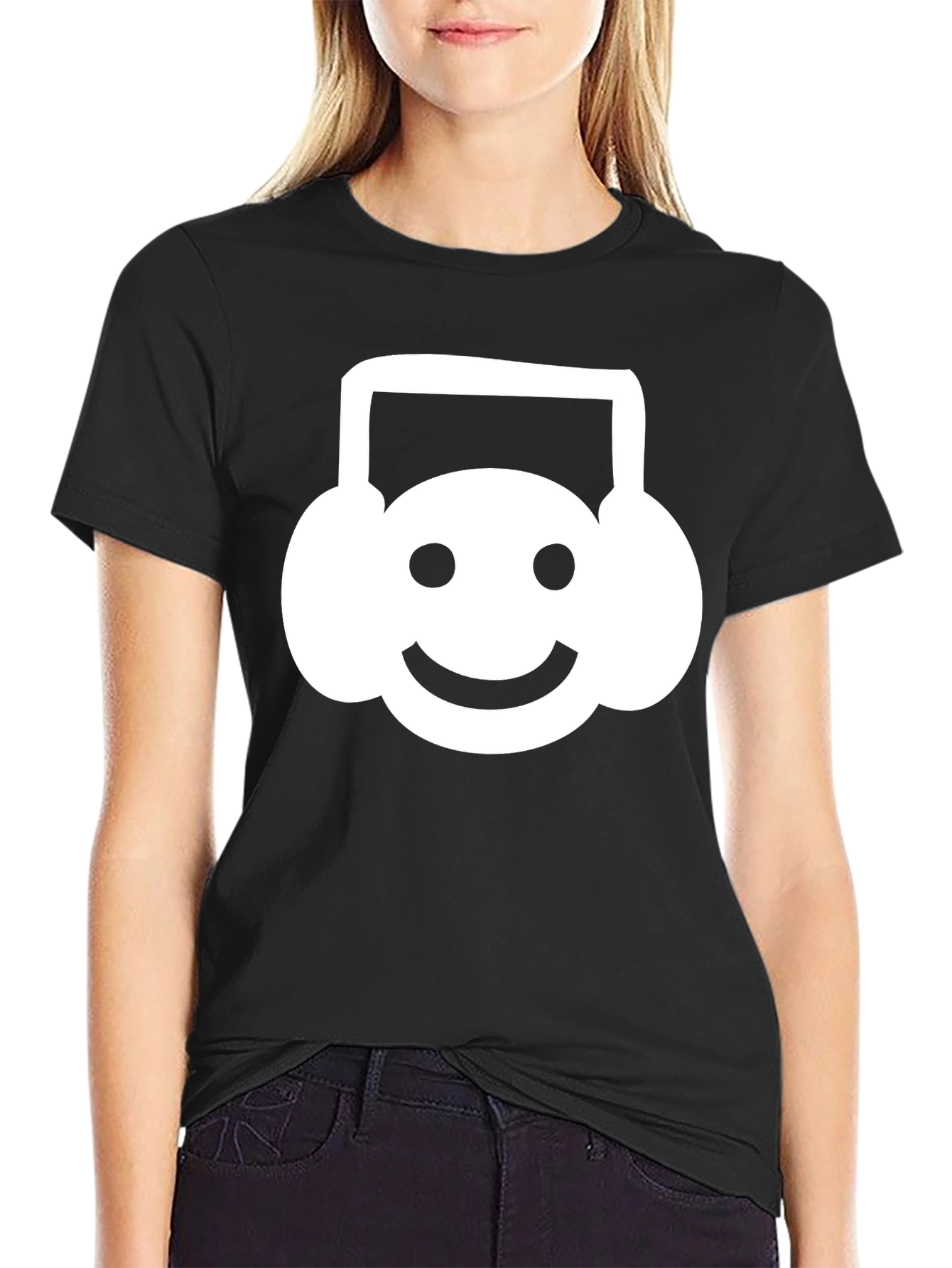 Black Smiley Headphone T-Shirt - Black Cotton Tee view 2