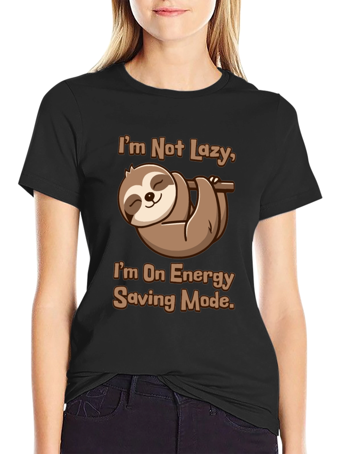 Black Funny Sloth Energy Saving Mode Graphic Tee view 2