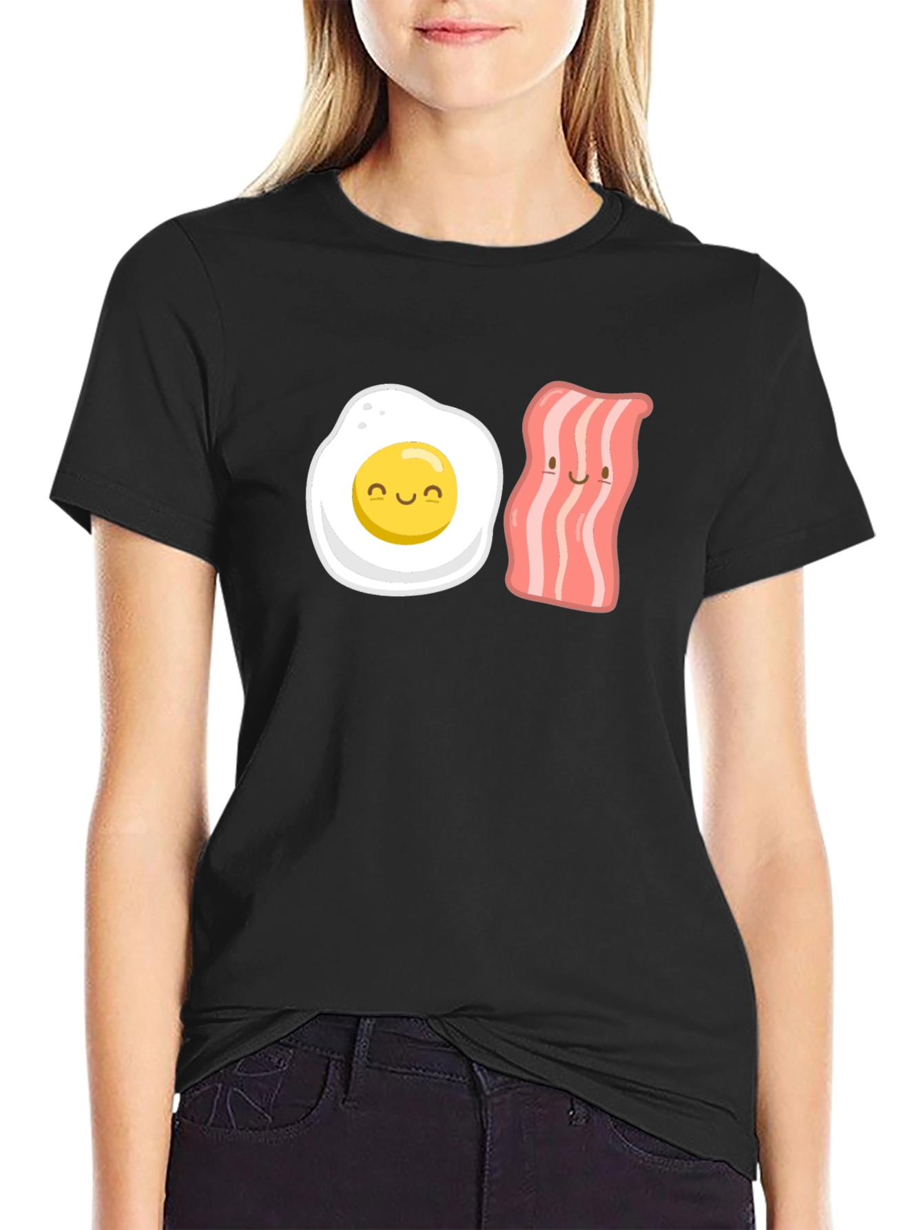 Black Funny Egg & Bacon Cartoon Graphic Tee - Black view 2
