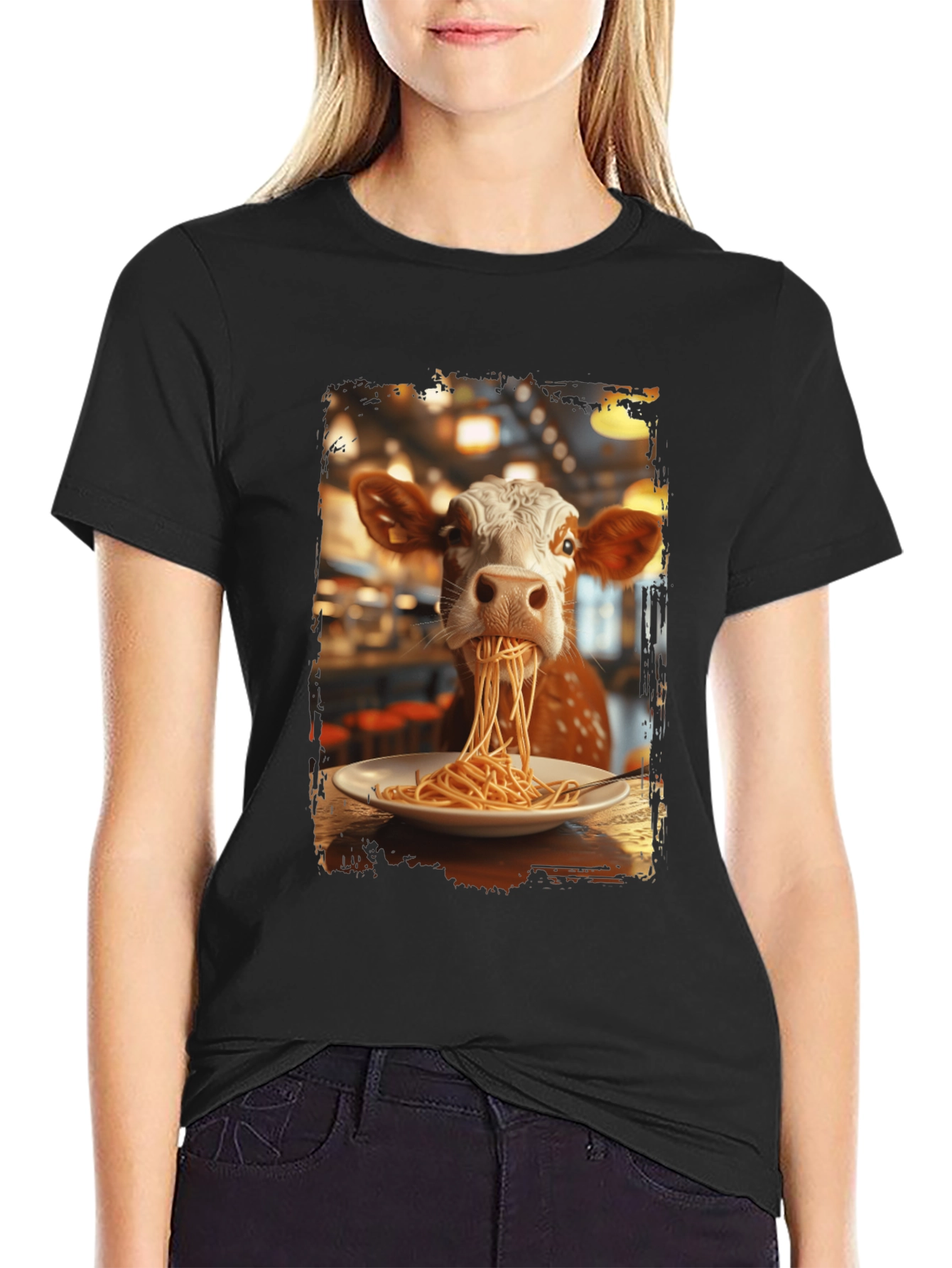 Black Cow Eating Spaghetti Graphic T-Shirt view 2