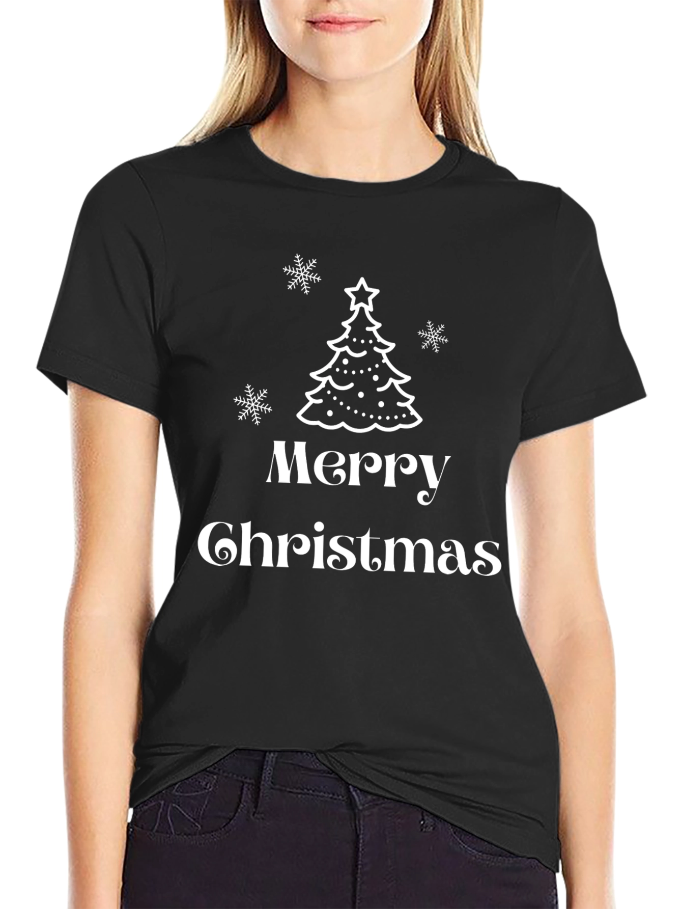 Black Merry Christmas Tree Graphic T-Shirt view 2
