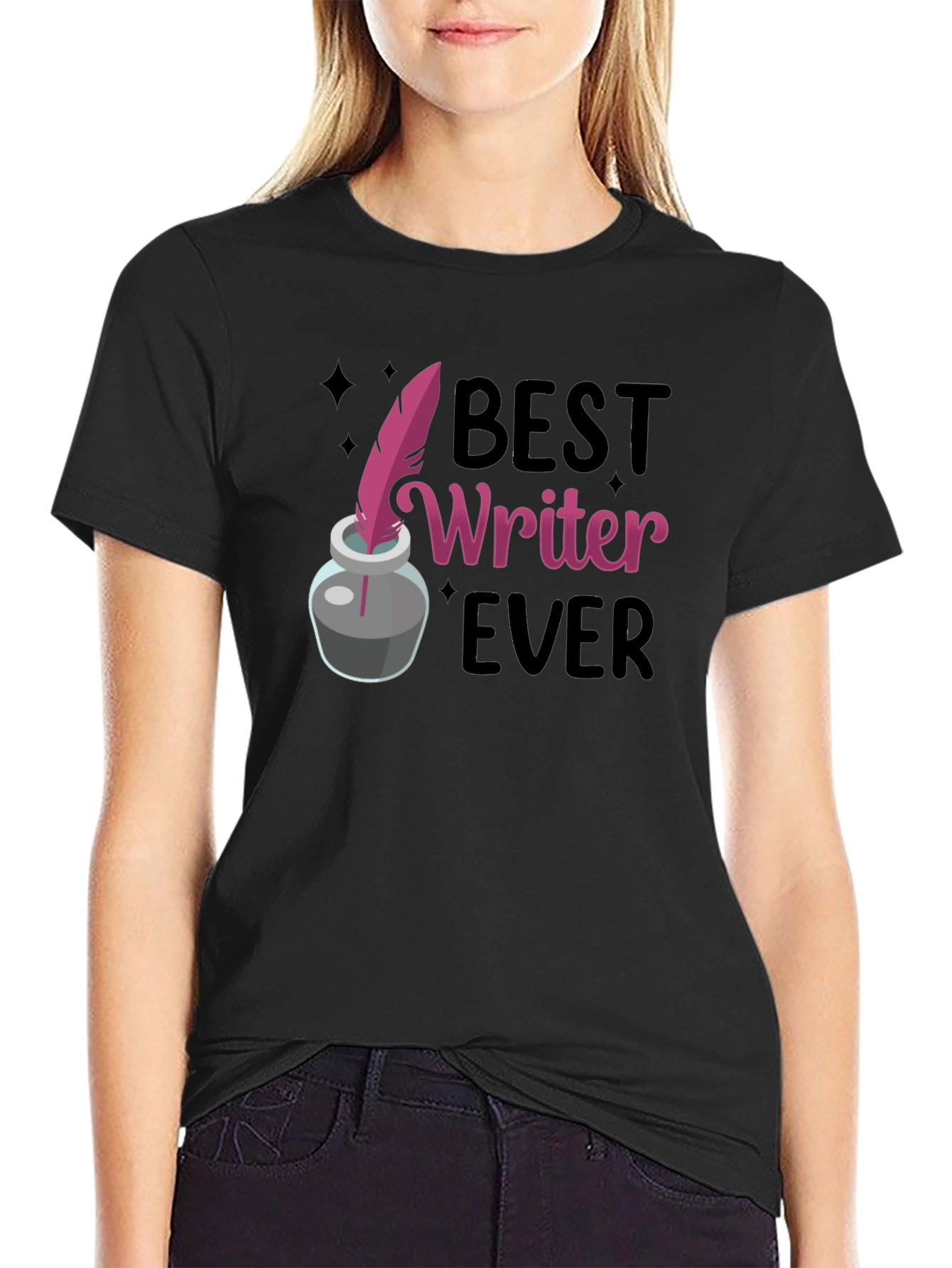 Black Best Writer Ever T-Shirt - Ink Quill Design view 2