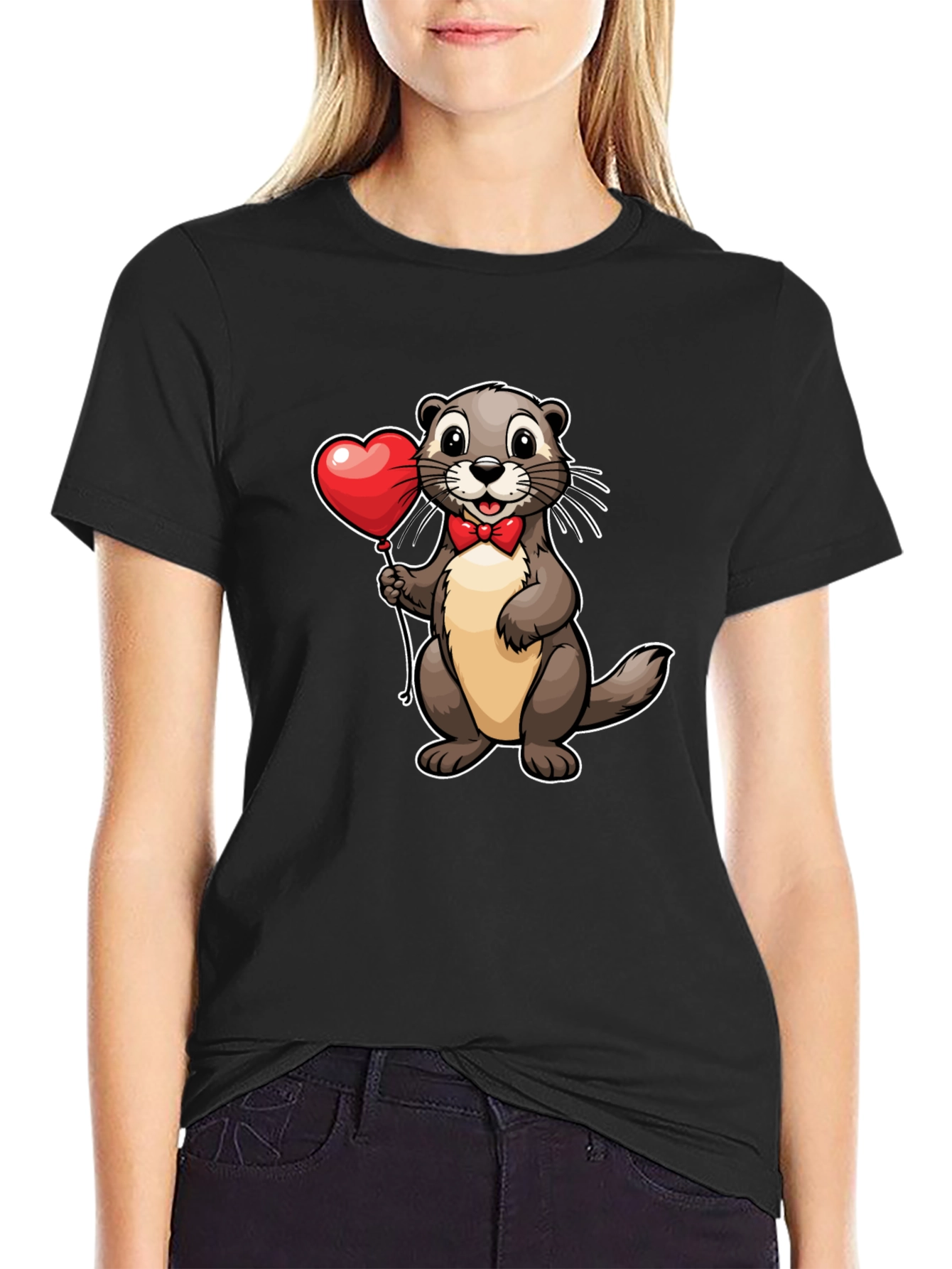Black Otter with Heart Balloon T-Shirt - Valentine's Day Tee view 2