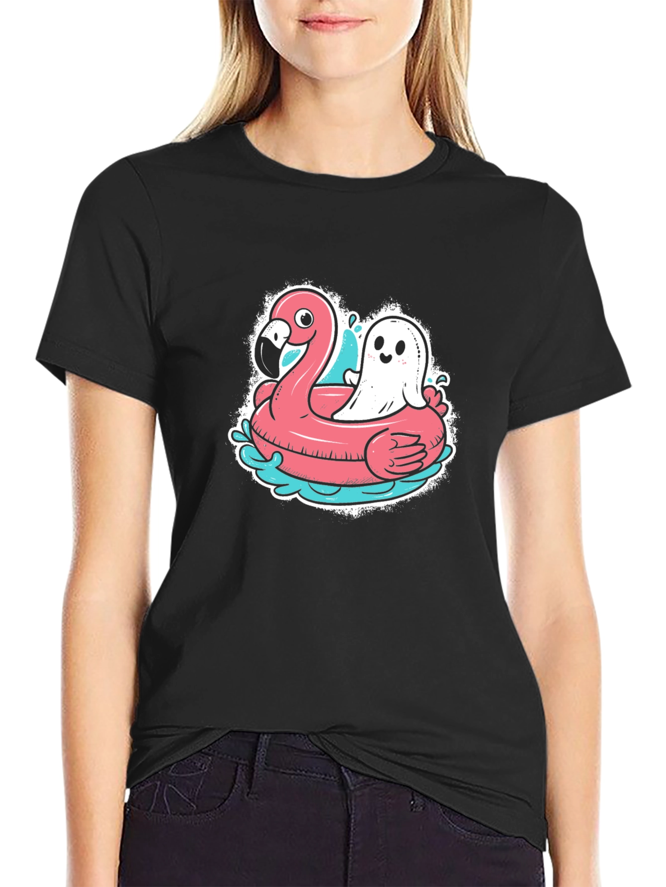 Black Ghost & Flamingo Float T-Shirt - Spooky Summer Vibes! view 2