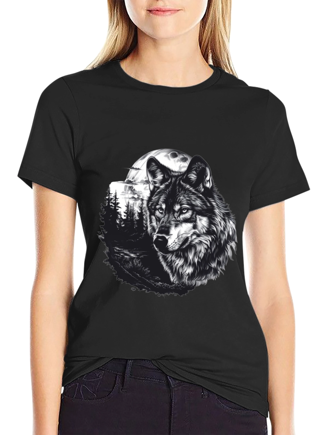 Black Wolf Moon Graphic Tee - Black Cotton T-Shirt view 2