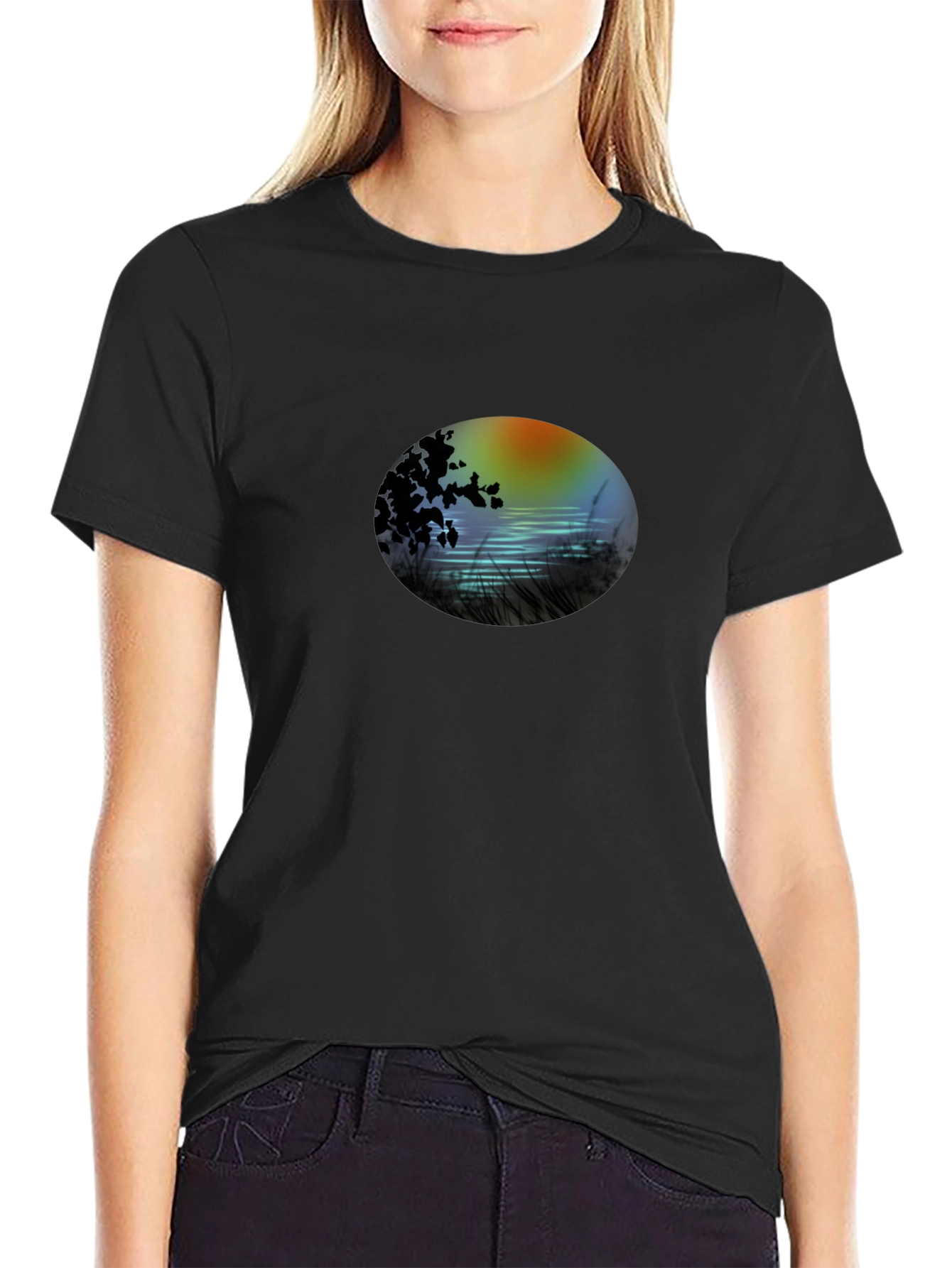 Black Sunset Lake Graphic Tee - Stylish Black T-Shirt view 2