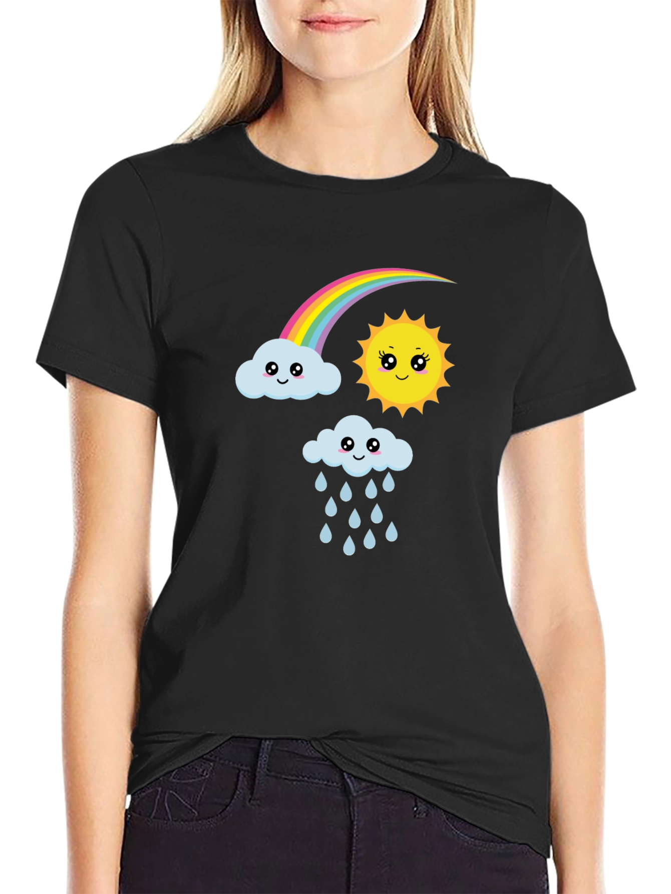 Black Cute Cartoon Weather Graphic Black T-Shirt view 2